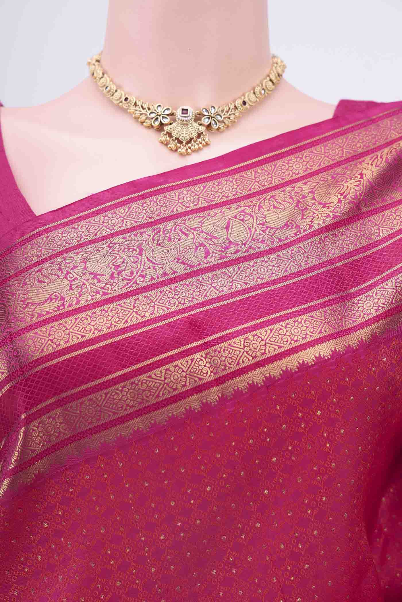 Pure Silk Pure Zari Rani Pink Kanchipuram Saree - Image 2