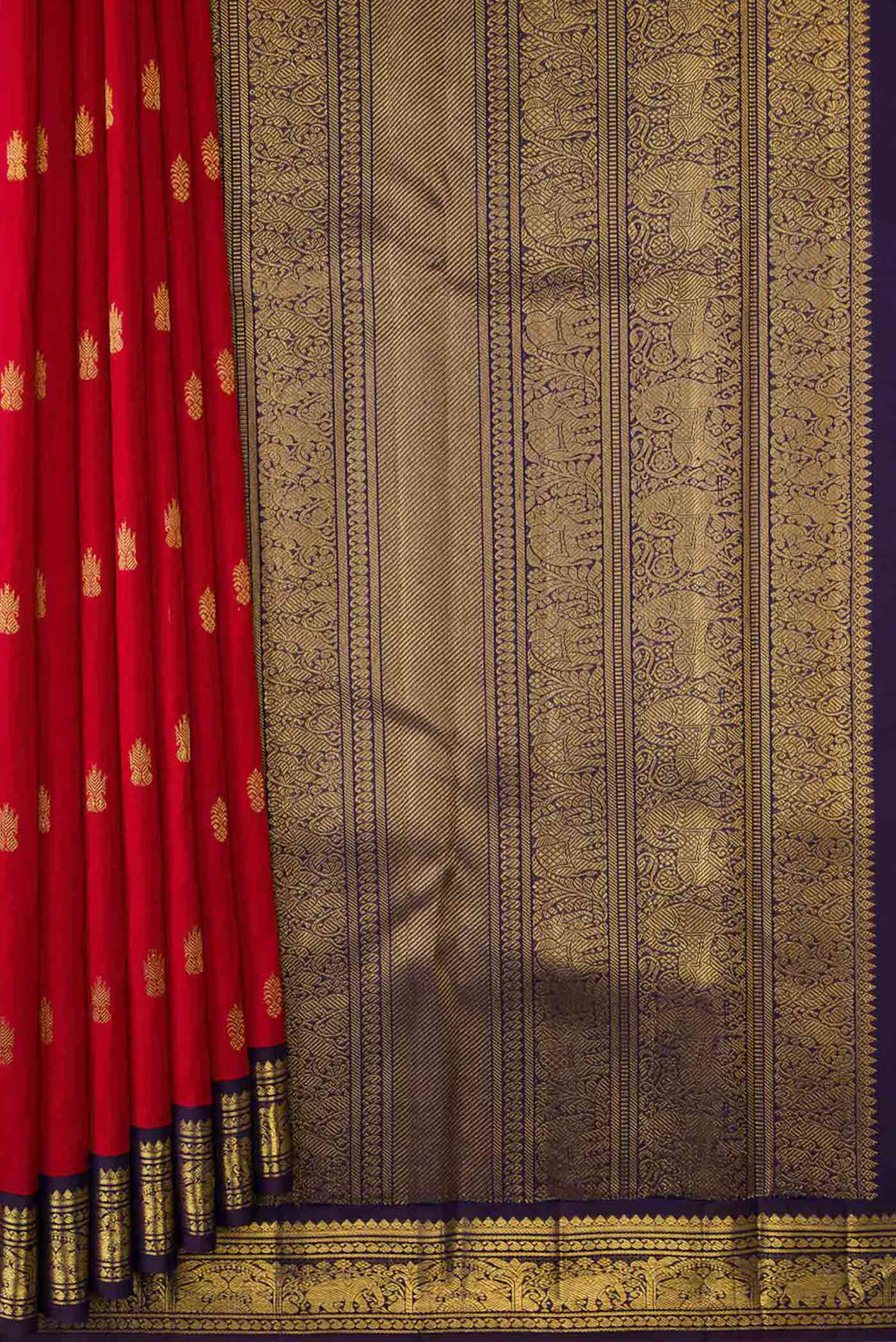 Pure Silk Pure Zari Red Dual Tone Kanjivaram Saree - Image 4
