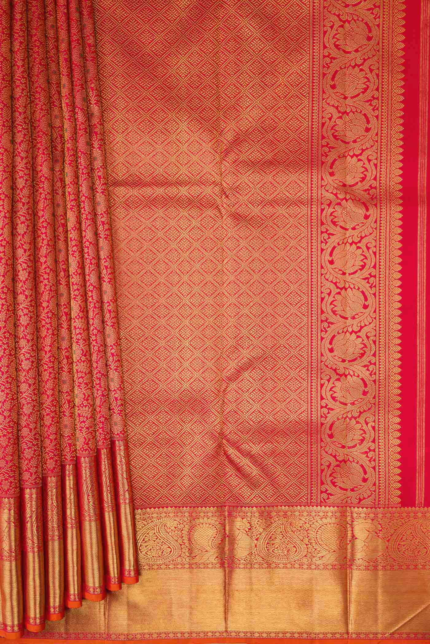 Pure Silk Pure Zari Red Dual Tone Kanjivaram Saree - Image 4