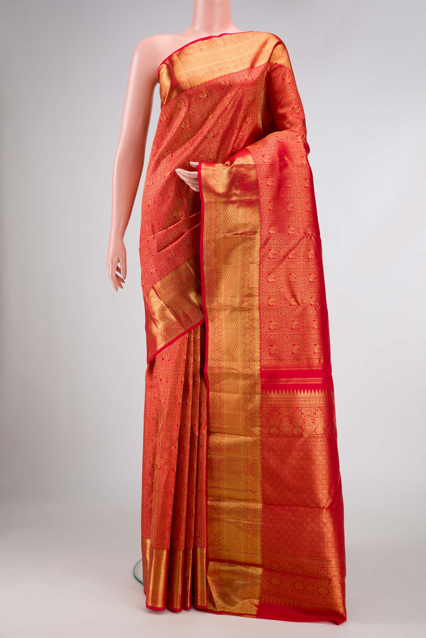 Pure Silk Pure Zari Red Dual Tone Kanjivaram Saree