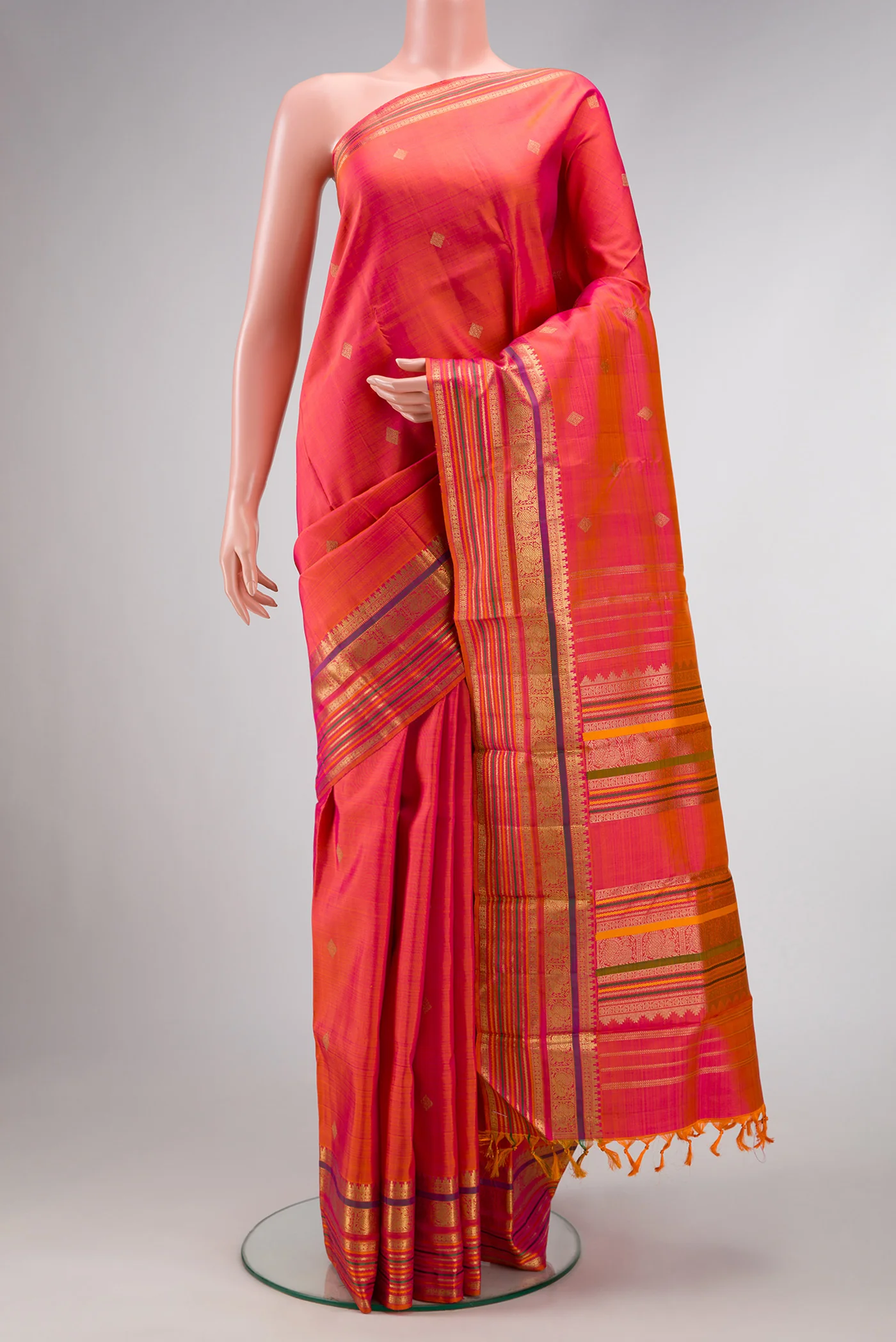 Pure Silk Pure Zari Pink with Orange Color Kanchipuram Saree