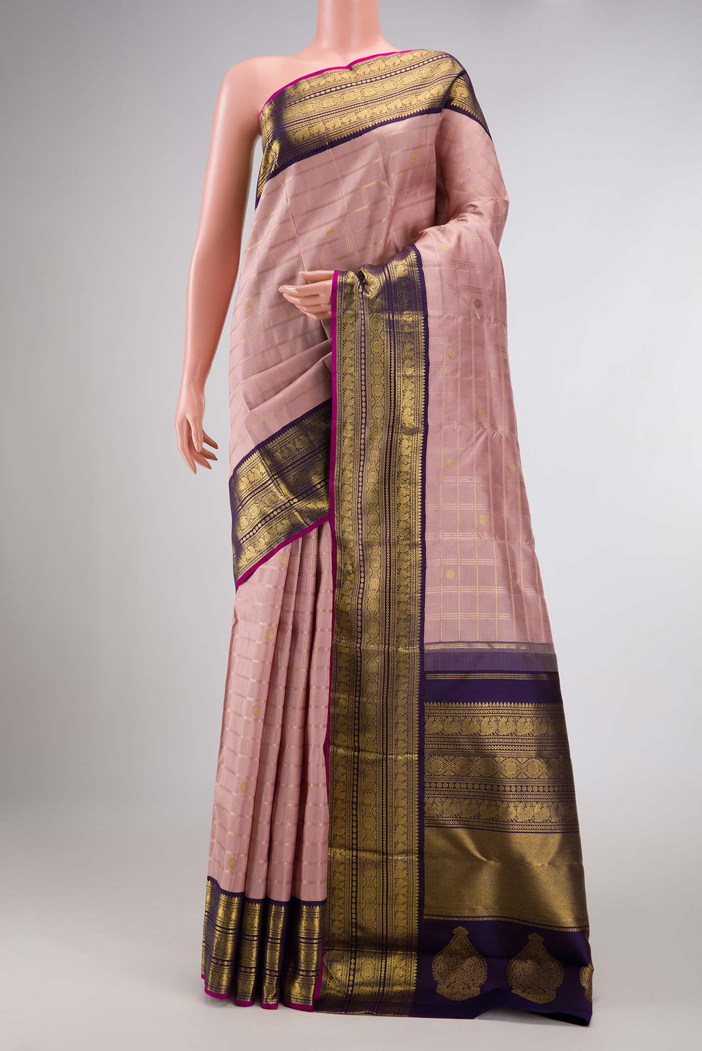 Pure Silk Pure Zari Rose Gold Dual Tone Kanjivaram Saree - Image 2