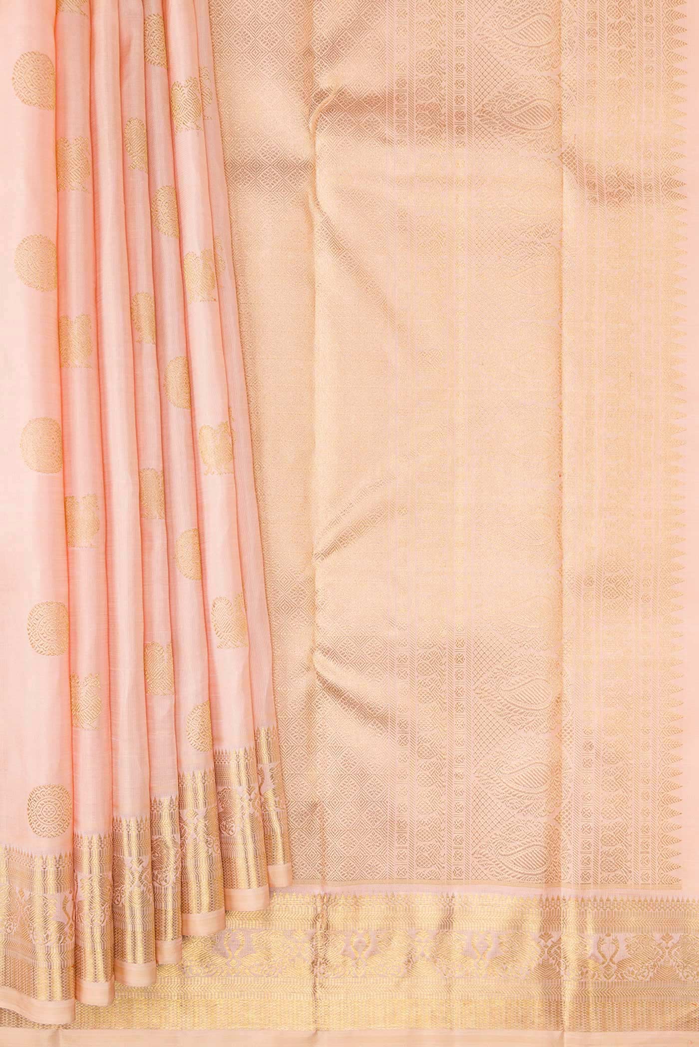 Pure Silk Pure Zari Rose Gold Dual Tone Kanjivaram Saree - Image 4