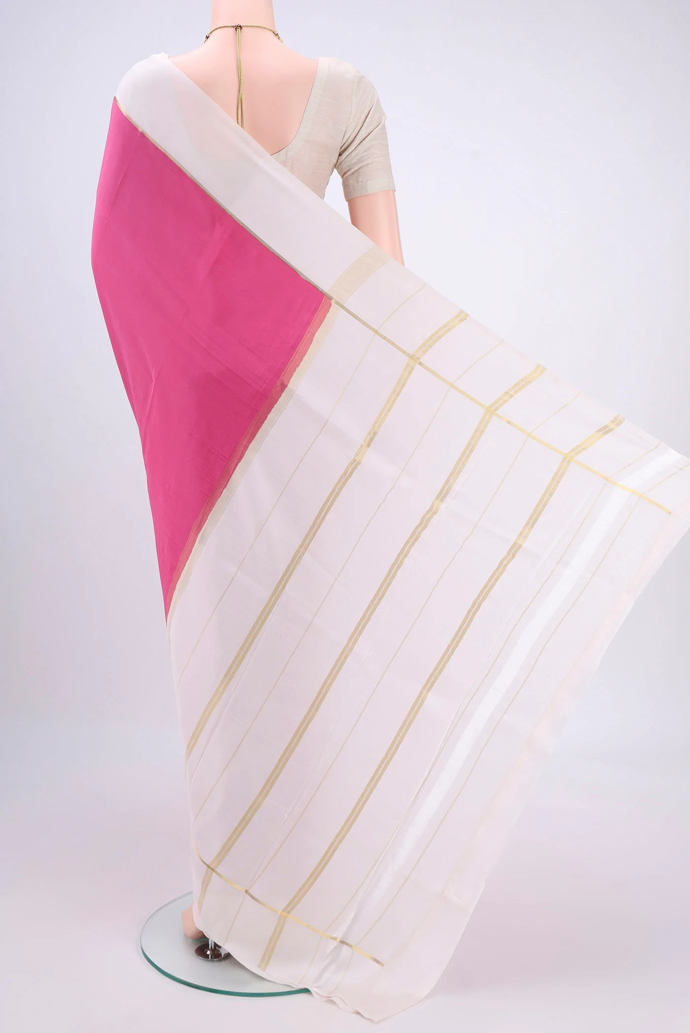 Pure Silk Pure Zari Rose pink Mysore Crepe Saree - Image 3