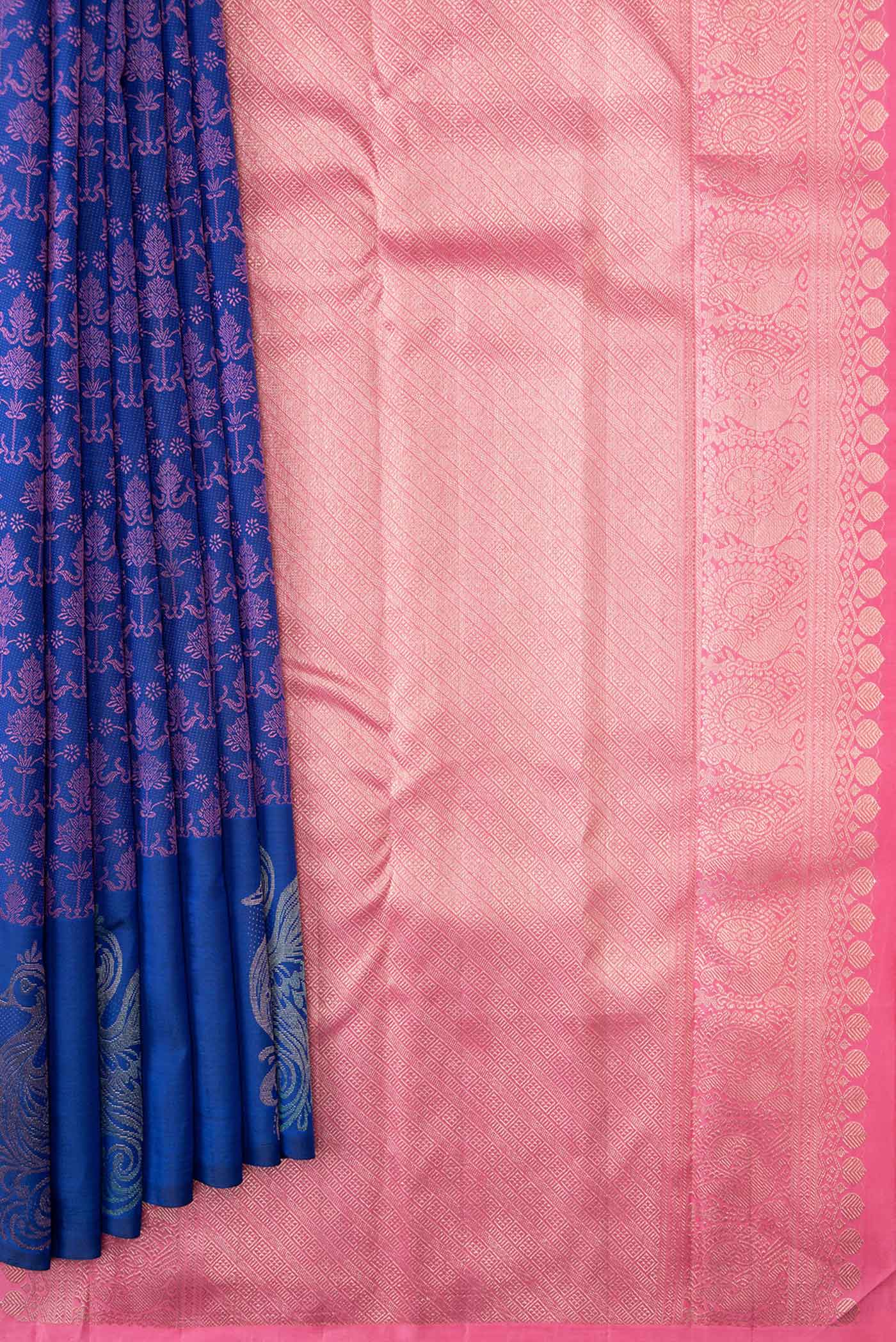 Pure Silk Pure Zari Royal Blue Dual Tone Kanchipuram Saree - Image 4
