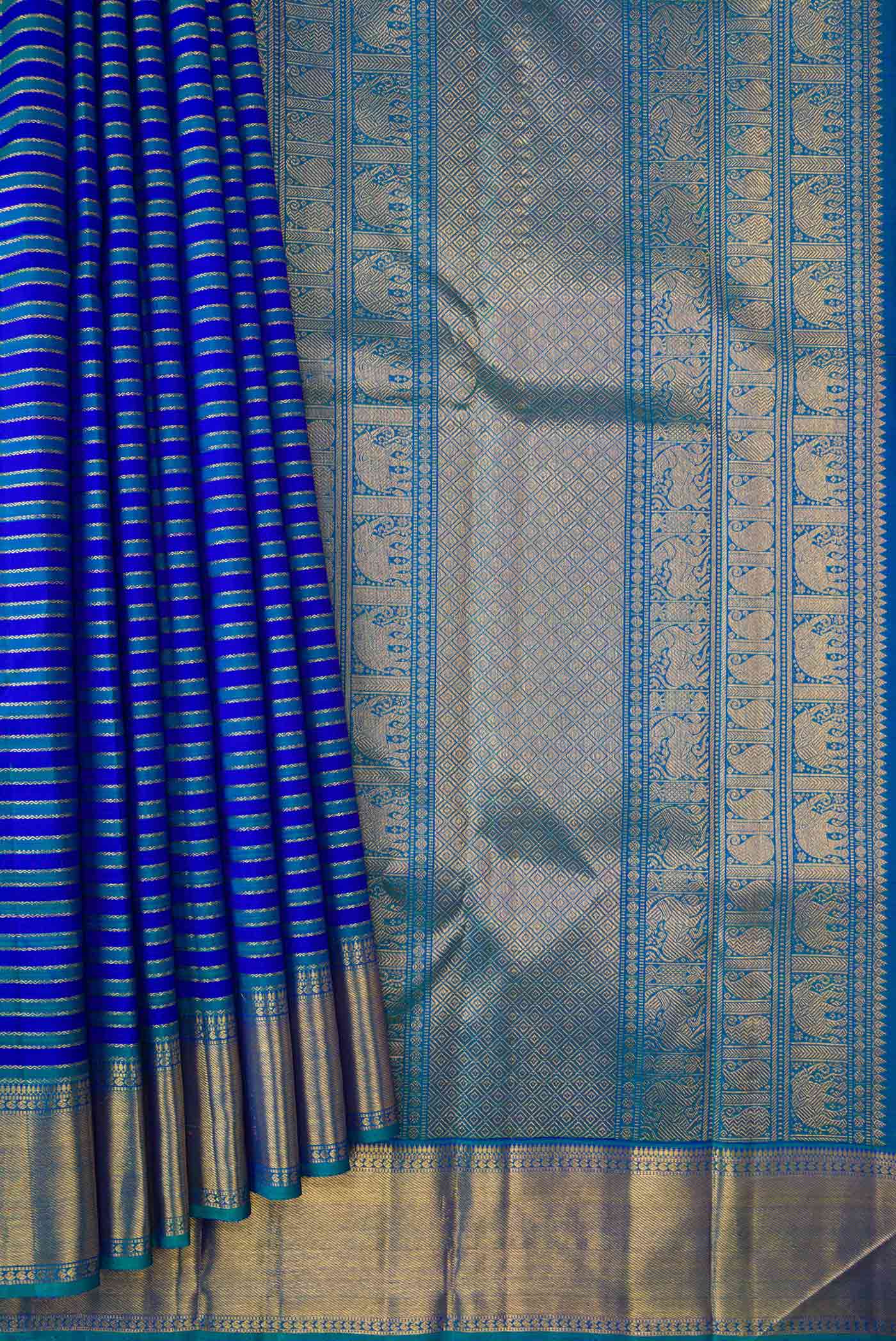 Pure Silk Pure Zari Royal Blue Dual Tone Kanjivaram Saree - Image 4