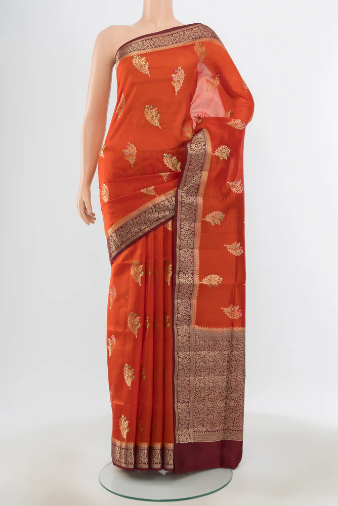 Rust Banarasi Raw Silk Saree