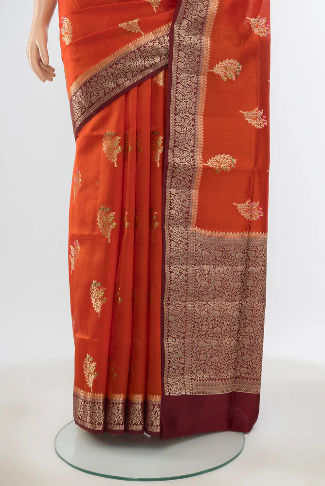 Rust Banarasi Raw Silk Saree - Image 3
