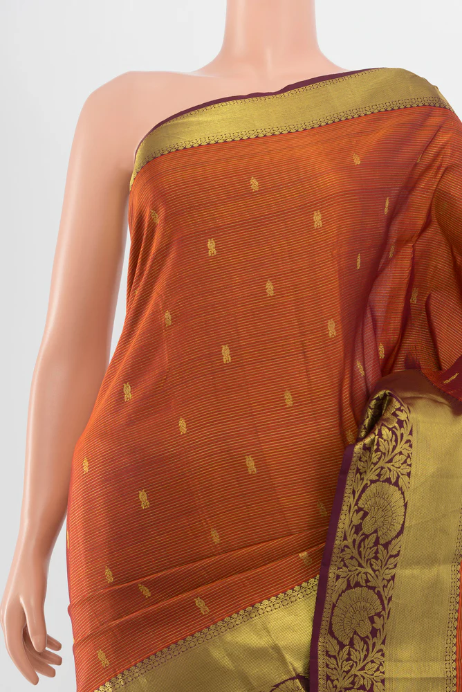 Pure Silk Pure Zari Rust Kanchipuram Saree - Image 2