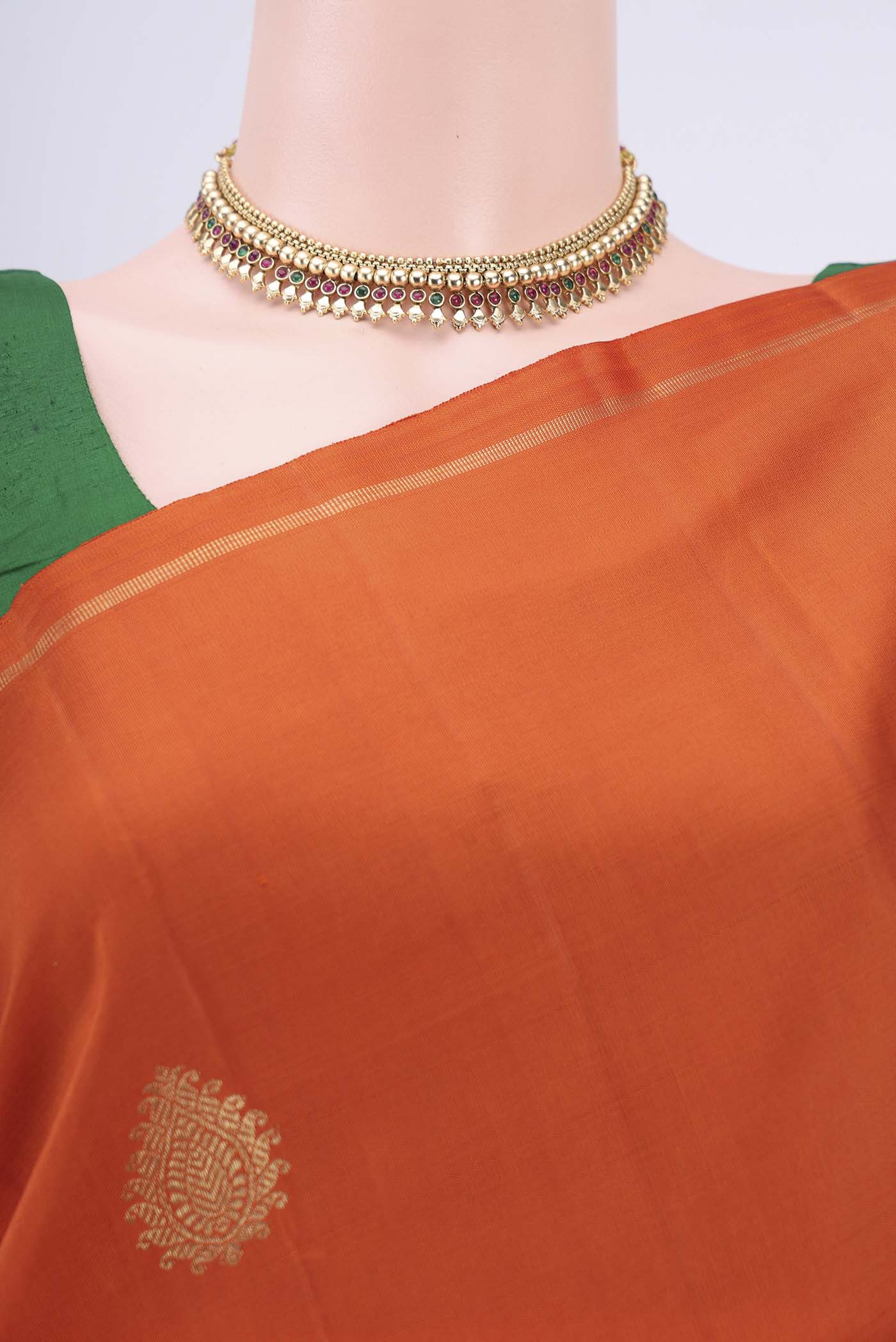 Pure Silk Pure Zari Brick Orange Kanchipuram Saree - Image 2