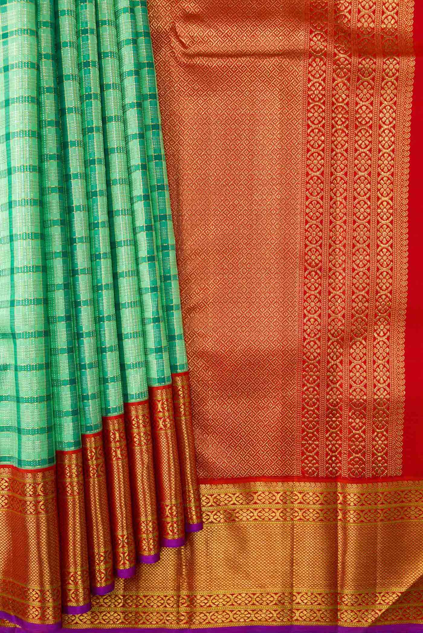 Pure Silk Pure Zari Sea Green Dual Tone Kanjivaram Saree - Image 4