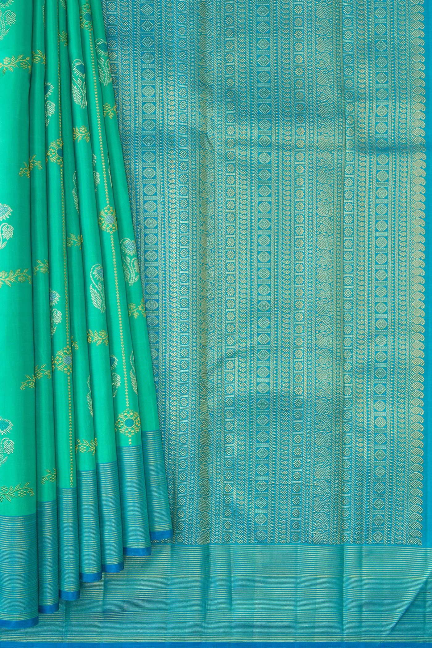 Pure Silk Pure Zari Sea Green Kanjivaram Saree - Image 4