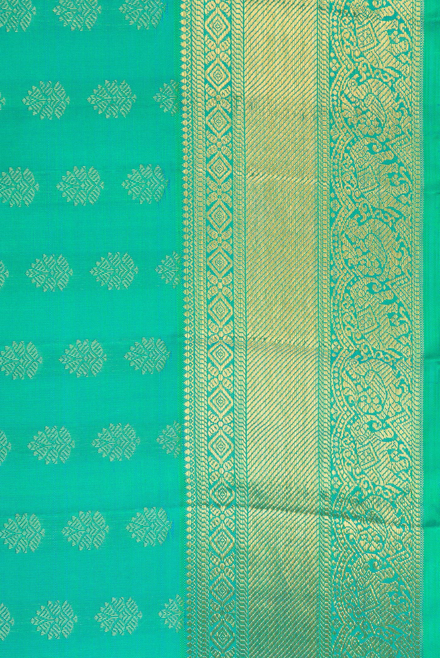 Pure Silk Pure Zari Turquoise Kanjivaram Saree - Image 3