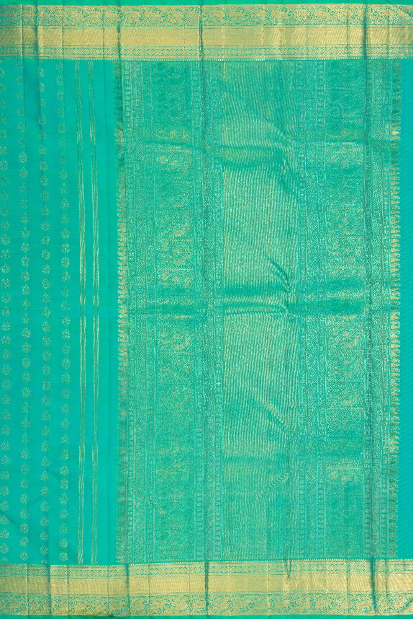 Pure Silk Pure Zari Turquoise Kanjivaram Saree - Image 7