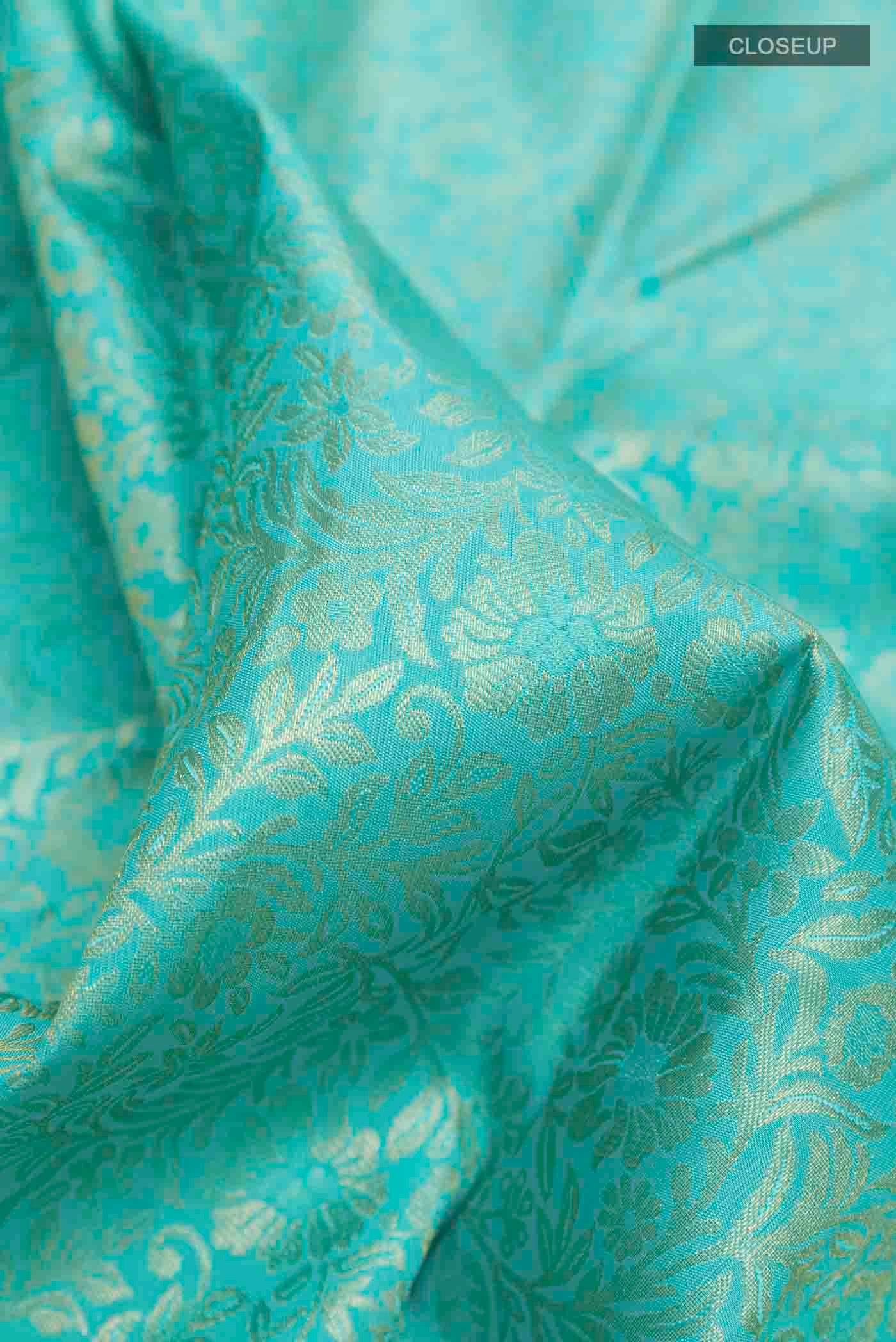 Pure Silk Pure Zari Sky Blue Kanjivaram Saree - Image 2