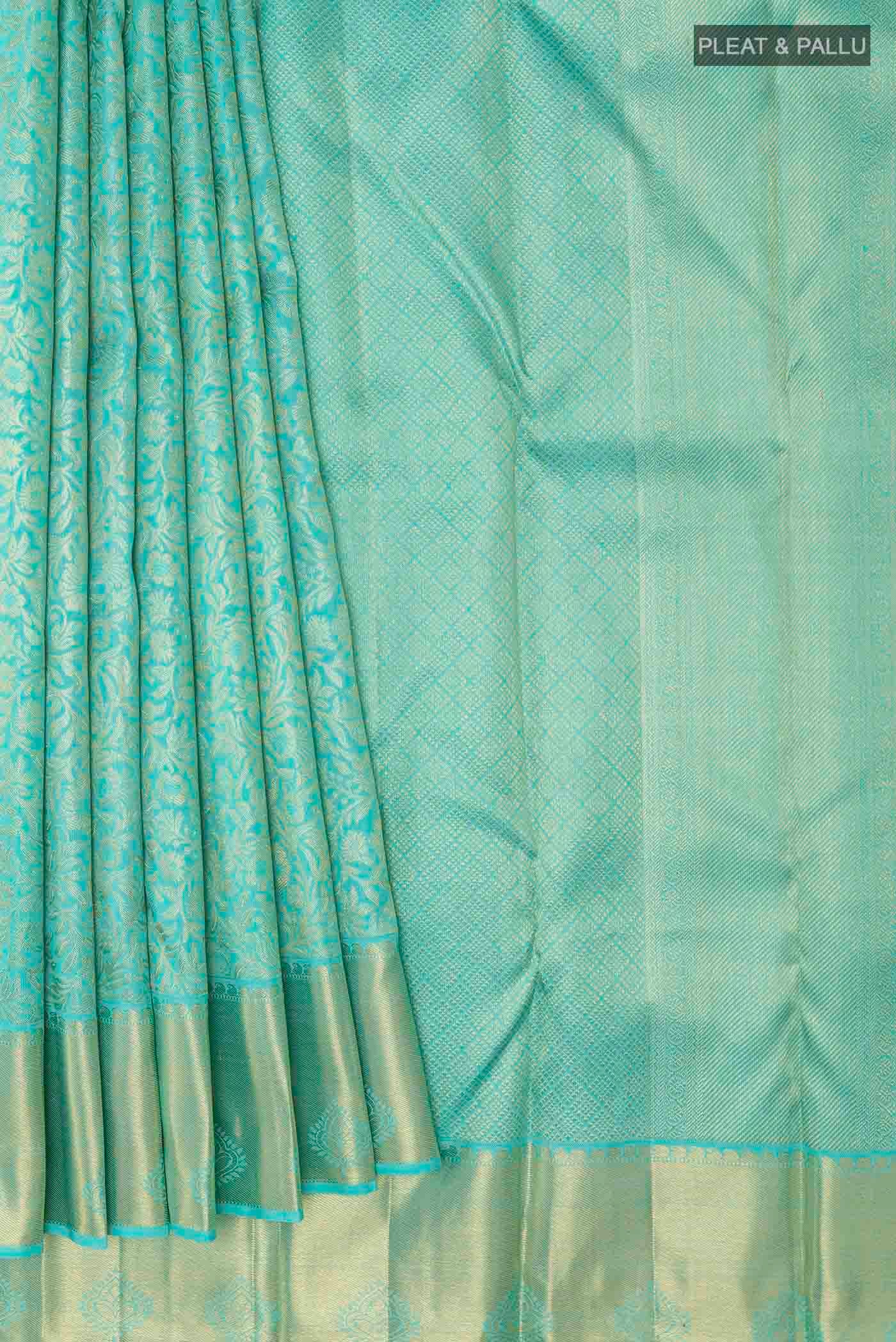 Pure Silk Pure Zari Sky Blue Kanjivaram Saree - Image 4