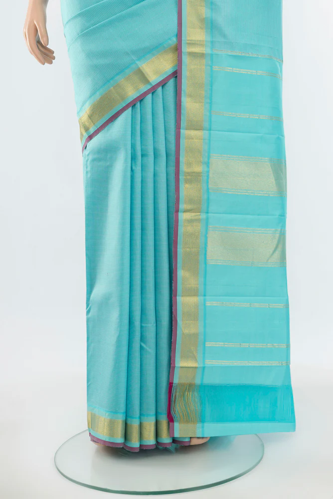 Pure Silk Pure Zari Sky Blue Kanchipuram Saree - Image 3