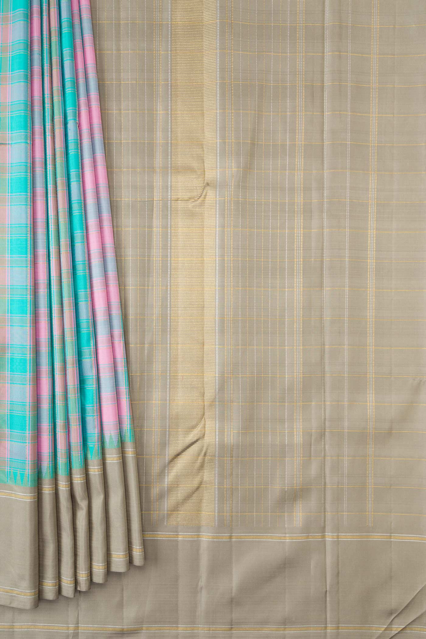 Pure Silk Pure Zari Sky Blue, Pink and Grey Color Kanjivaram Saree - Image 4