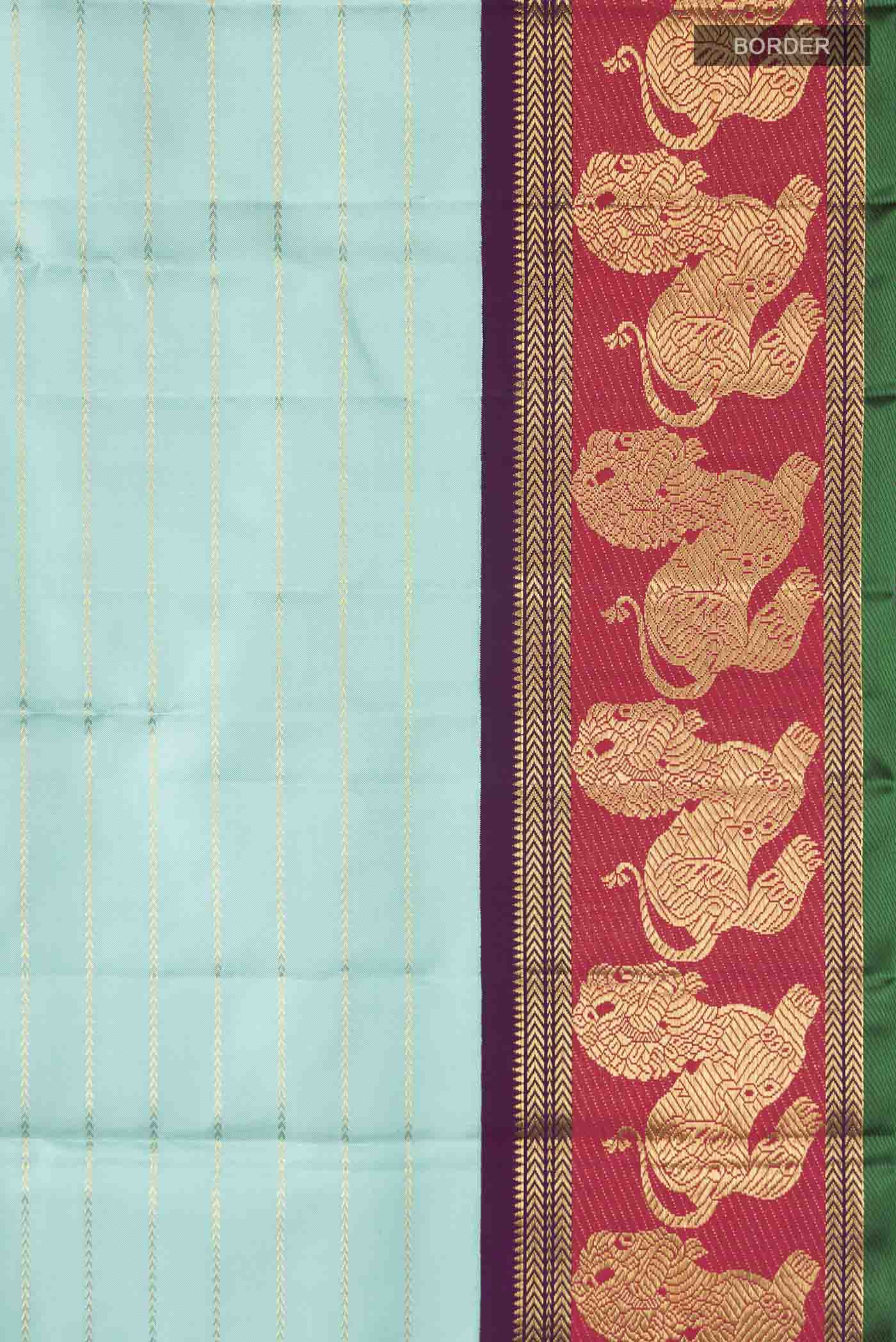 Pure Silk Pure Zari Turquoise Kanchipuram Saree - Image 3