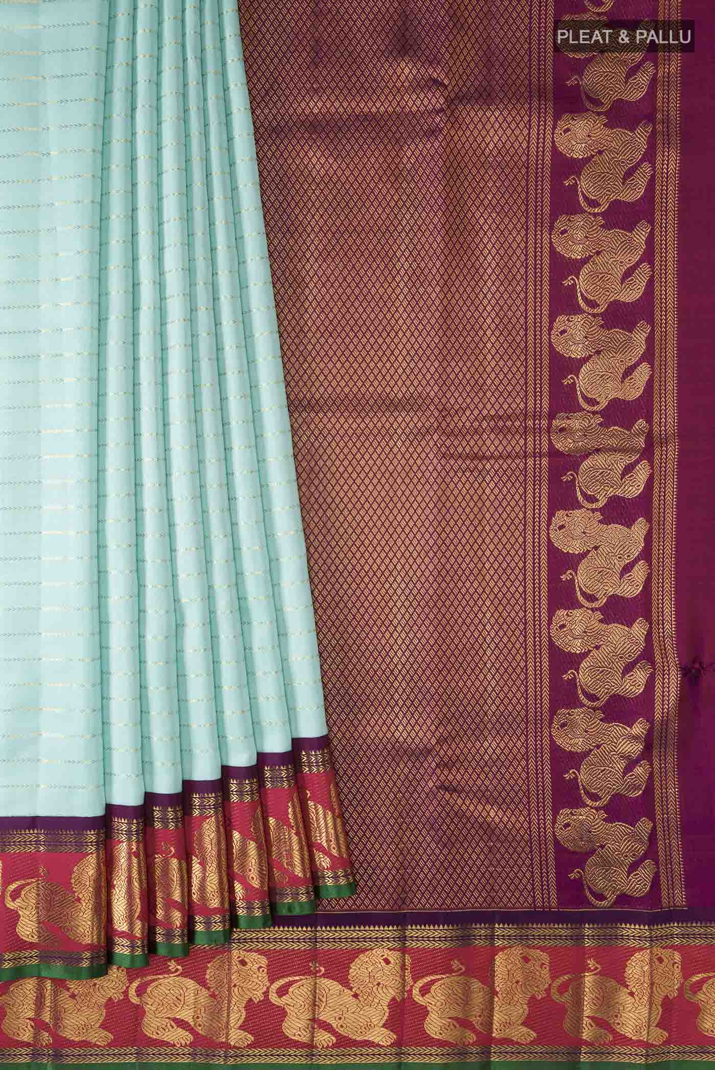 Pure Silk Pure Zari Turquoise Kanchipuram Saree - Image 4