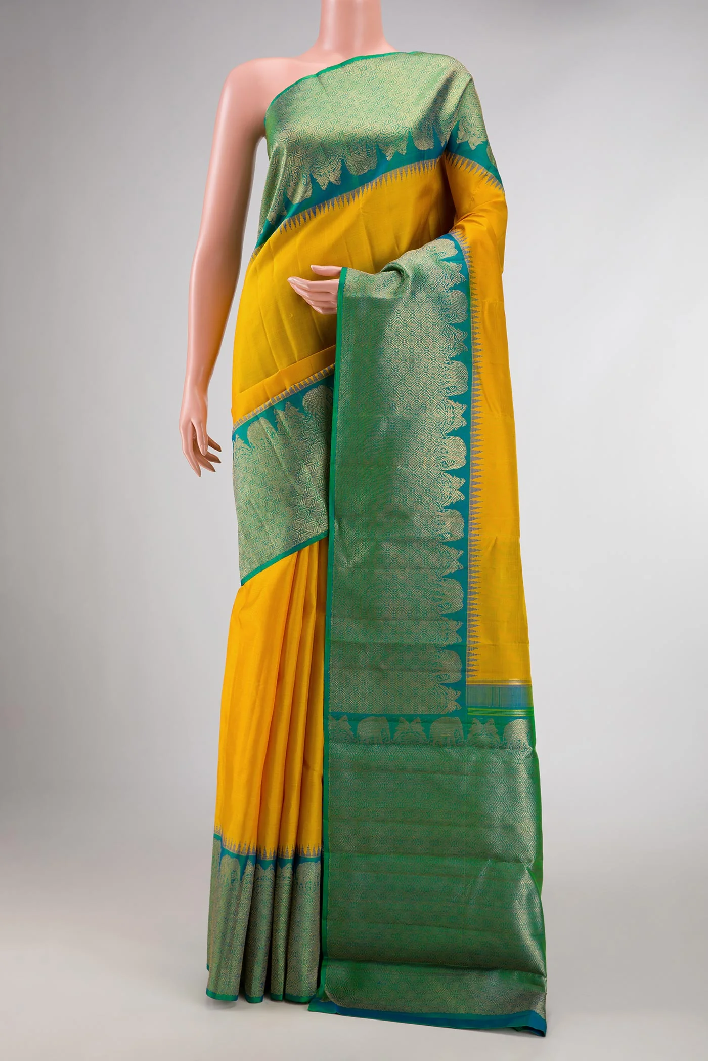 Pure Silk Pure Zari Yellow Dual Tone Kanjivaram Saree