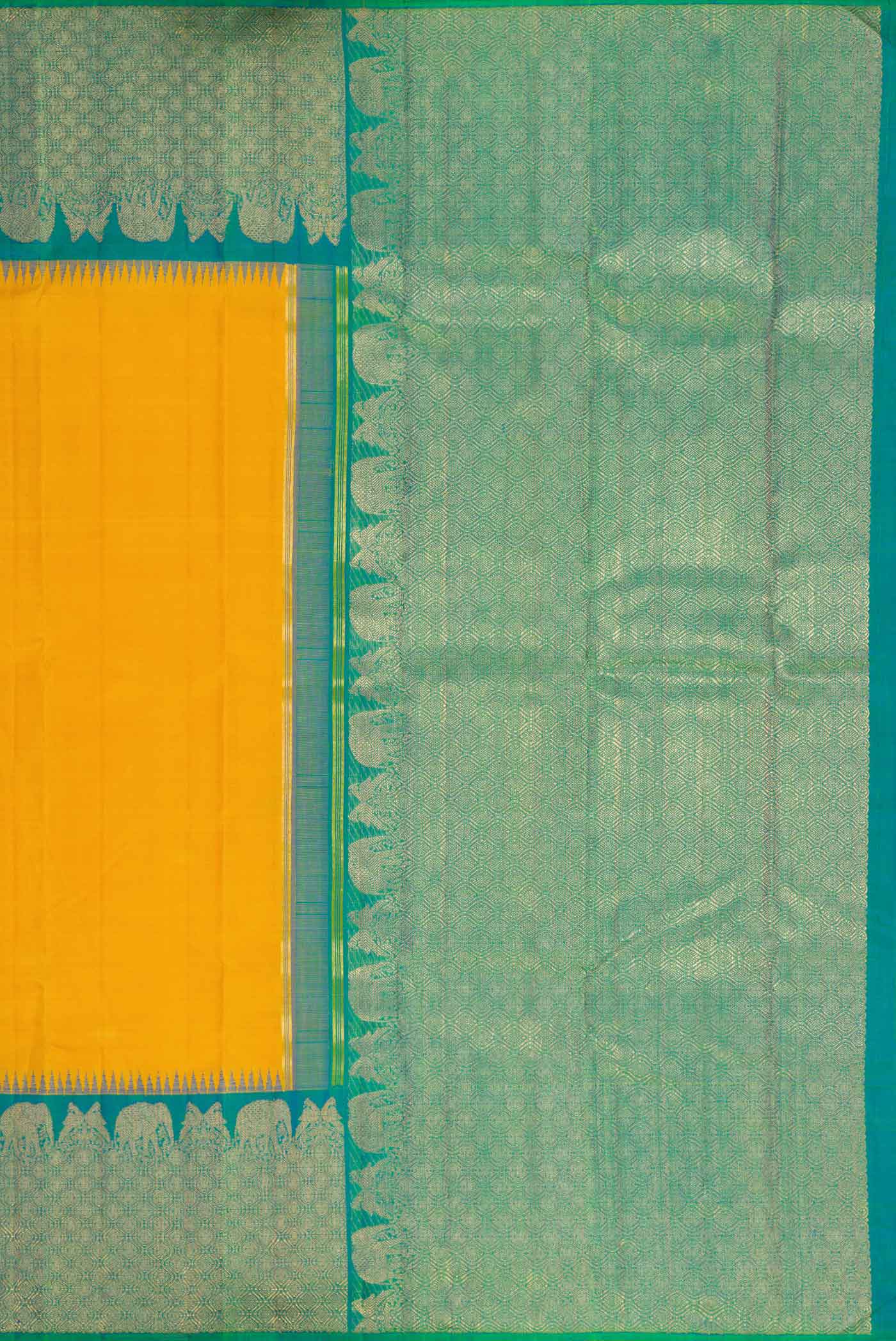 Pure Silk Pure Zari Yellow Dual Tone Kanjivaram Saree - Image 7