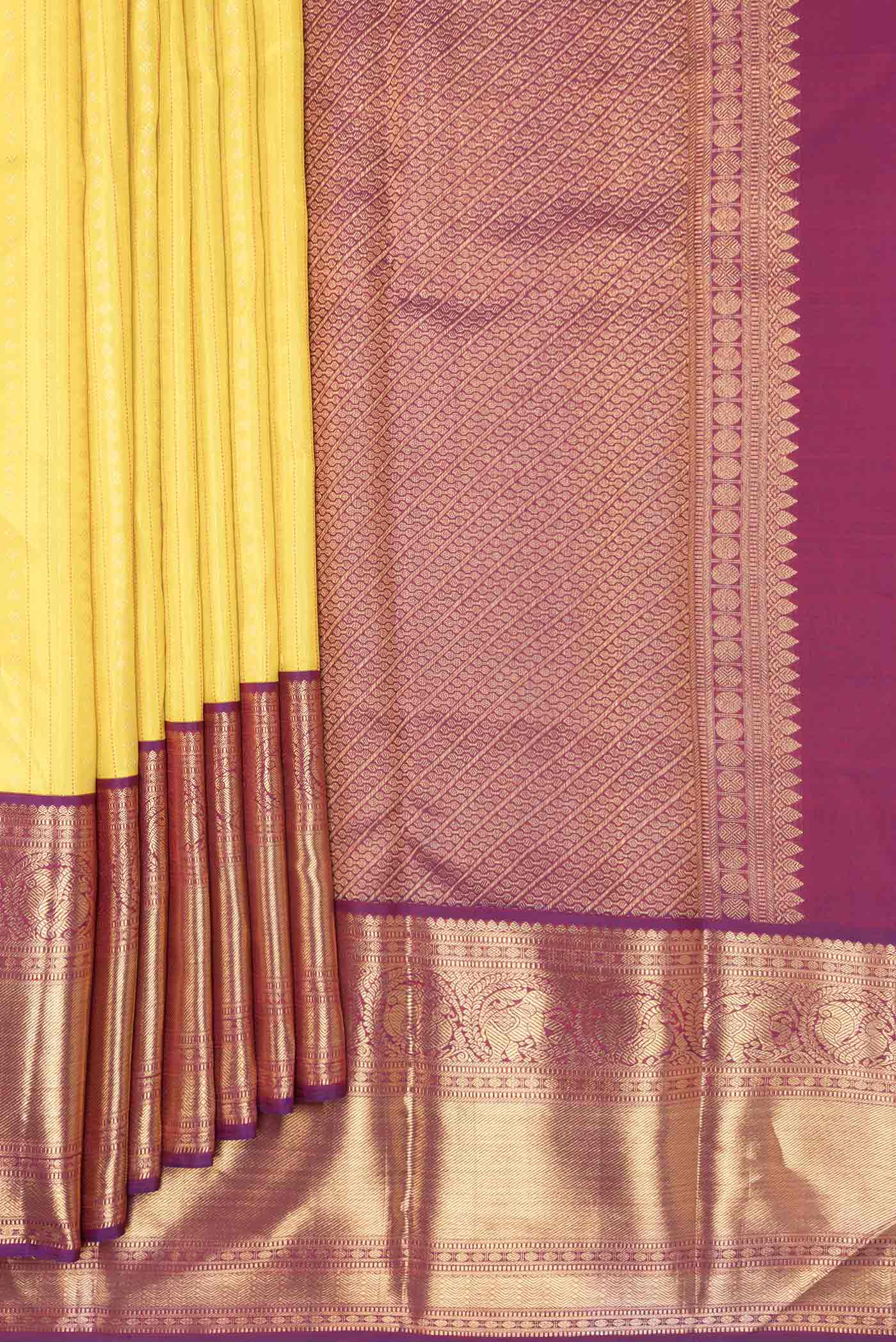 Pure Silk Pure Zari Yellow Dual Tone Kanchipuram Saree - Image 4