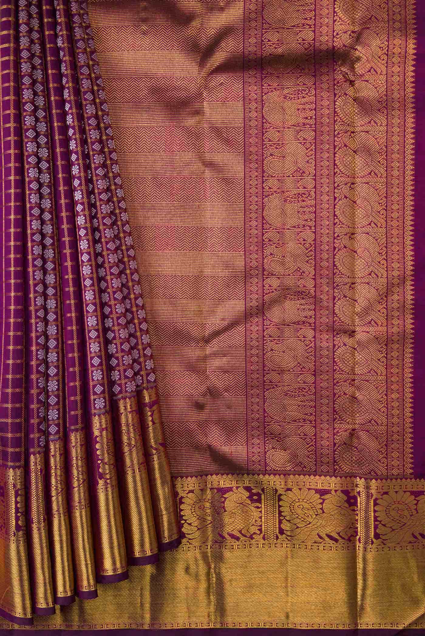 Pure Silk Pure Zari Purple Dual Tone Kanjivaram Saree - Image 2