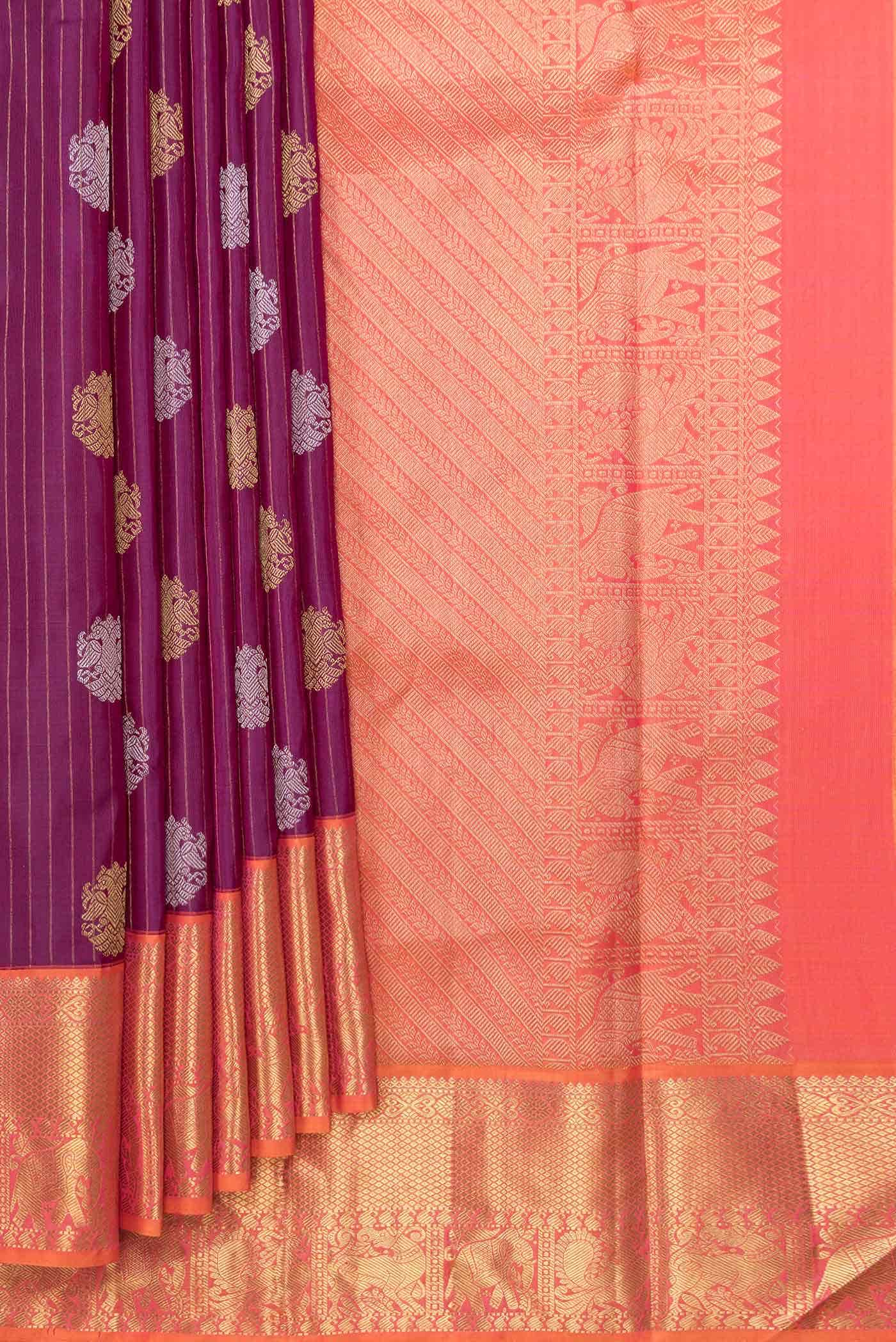 Pure Silk Pure Zari Purple Dual Tone Kanjivaram Saree - Image 2