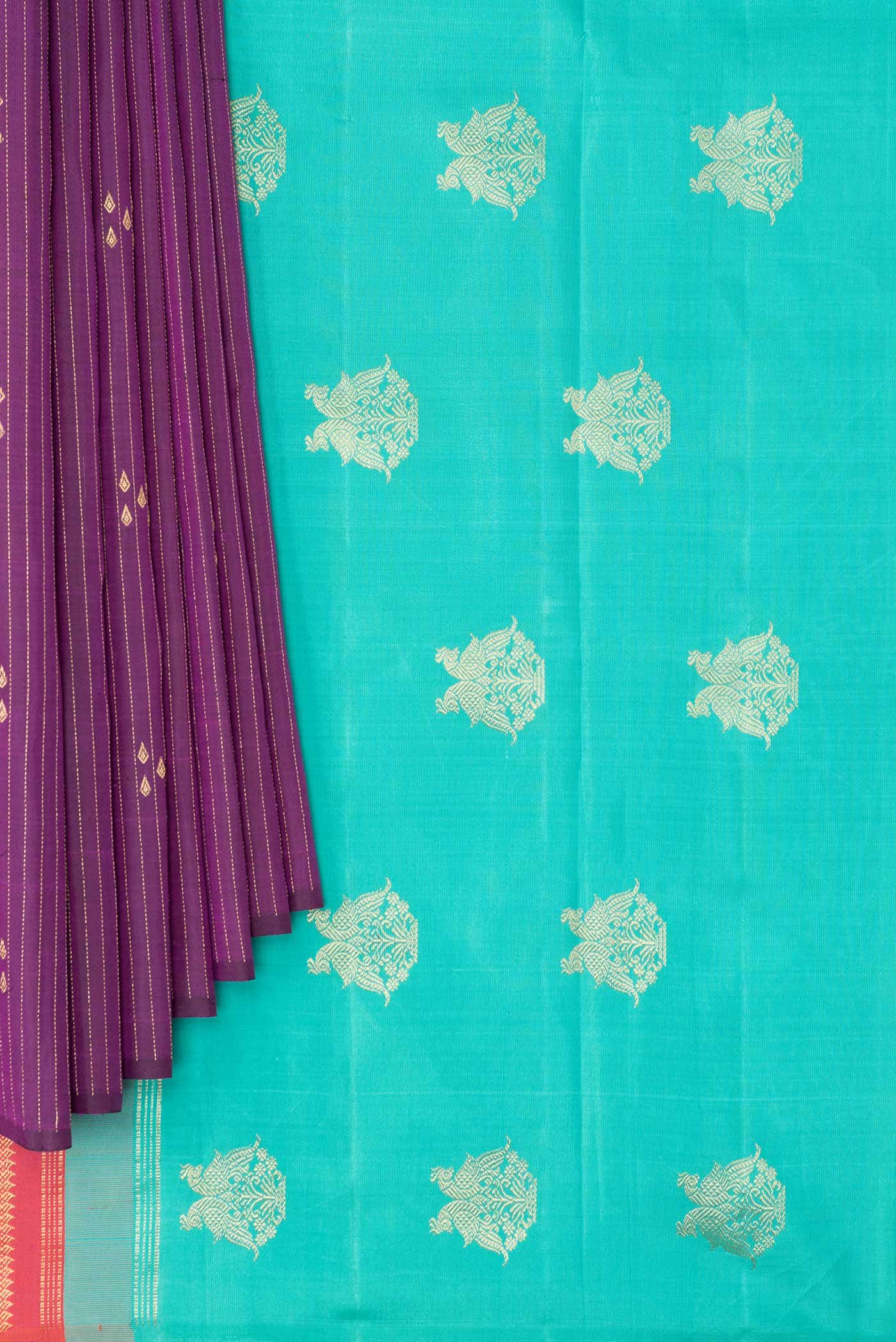 Pure Silk Pure Zari Purple Dual Tone Kanjivaram Saree - Image 2