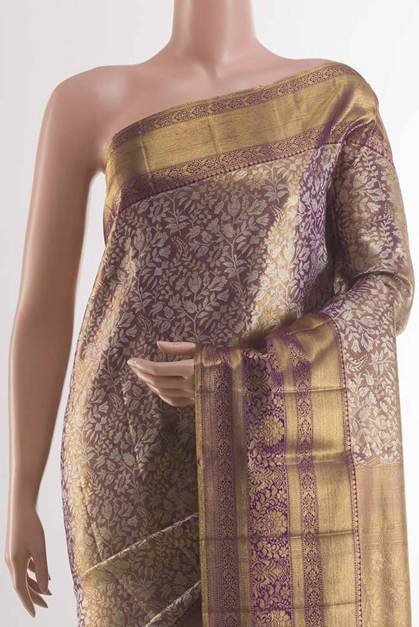 Purple with Gold Color Kanjivaram Tissue Silk Saree - Image 2