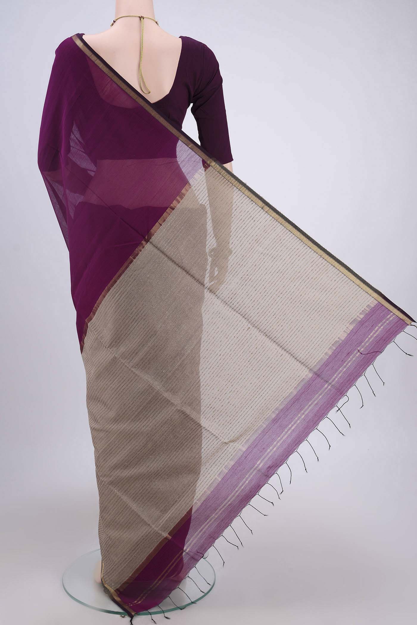 Purple Maheshwari Silk Cotton Saree - Image 3