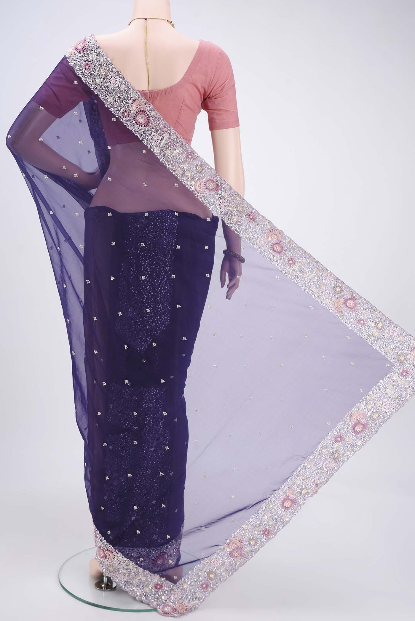 Navy Blue Organza Silk Saree - Image 3