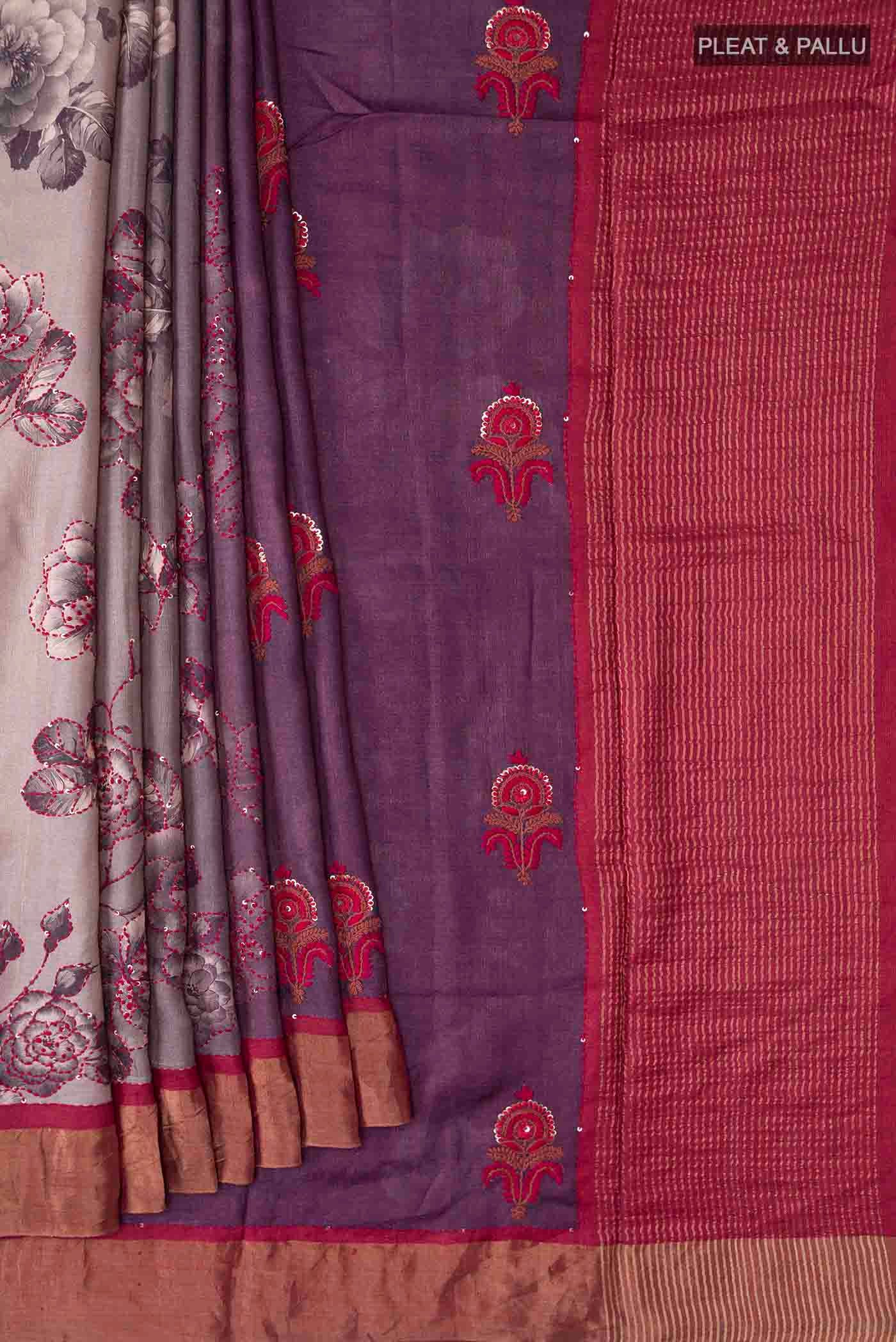Purple Tussar Silk Saree - Image 4