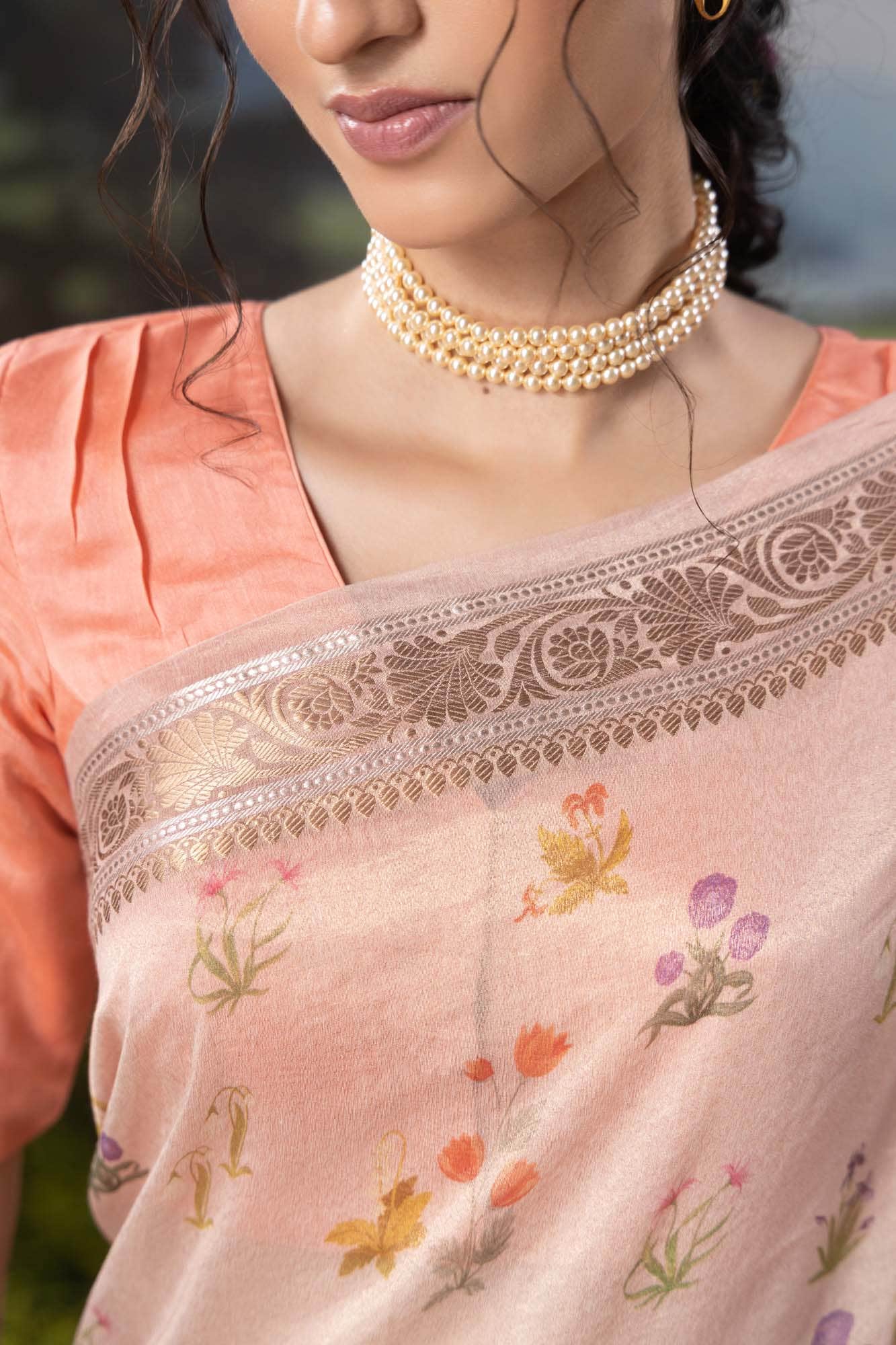 Radiant Pearl-Pastel pink Cotton Tissue Saree - Image 3