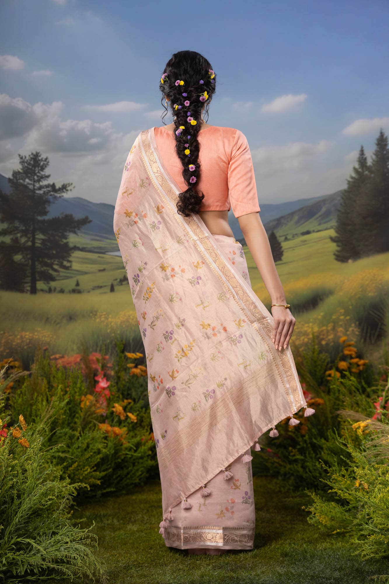 Radiant Pearl-Pastel pink Cotton Tissue Saree - Image 5