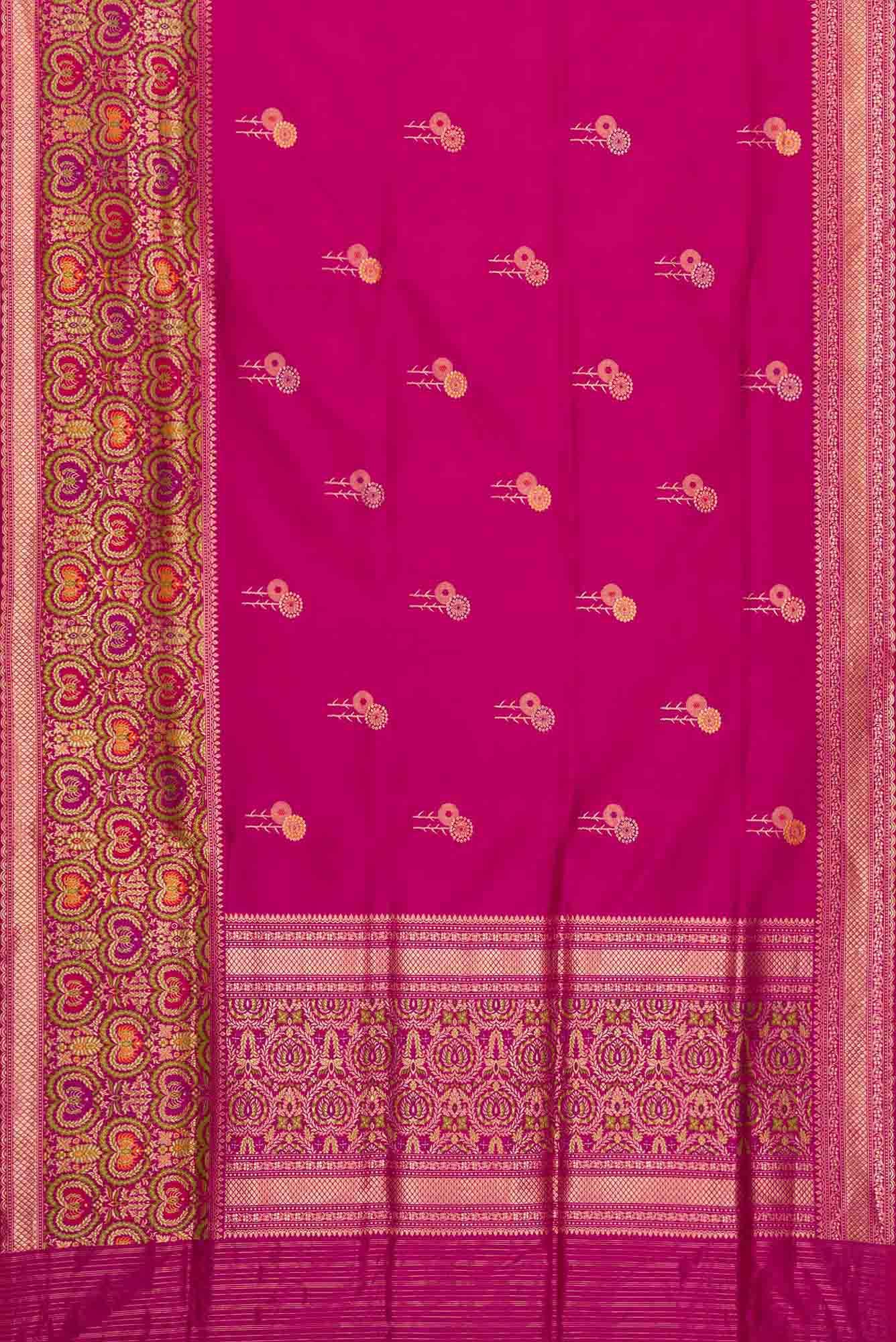 Pure Silk Pure Zari Rani Pink Dual Tone Banarasi Saree - Image 4