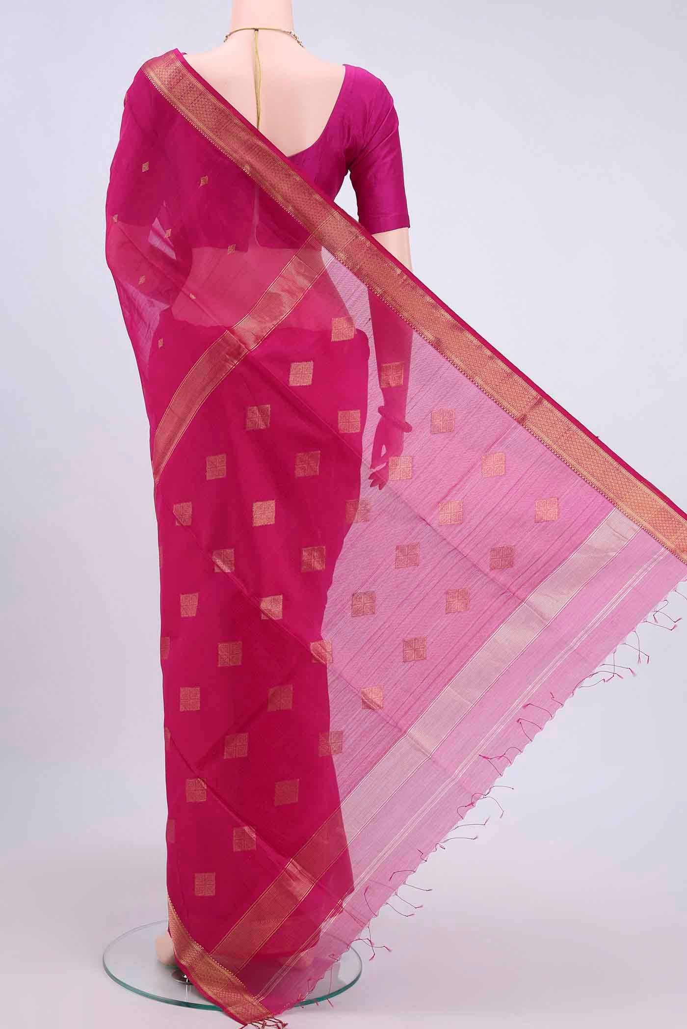 Rani Pink Maheshwari Silk Cotton Saree - Image 3