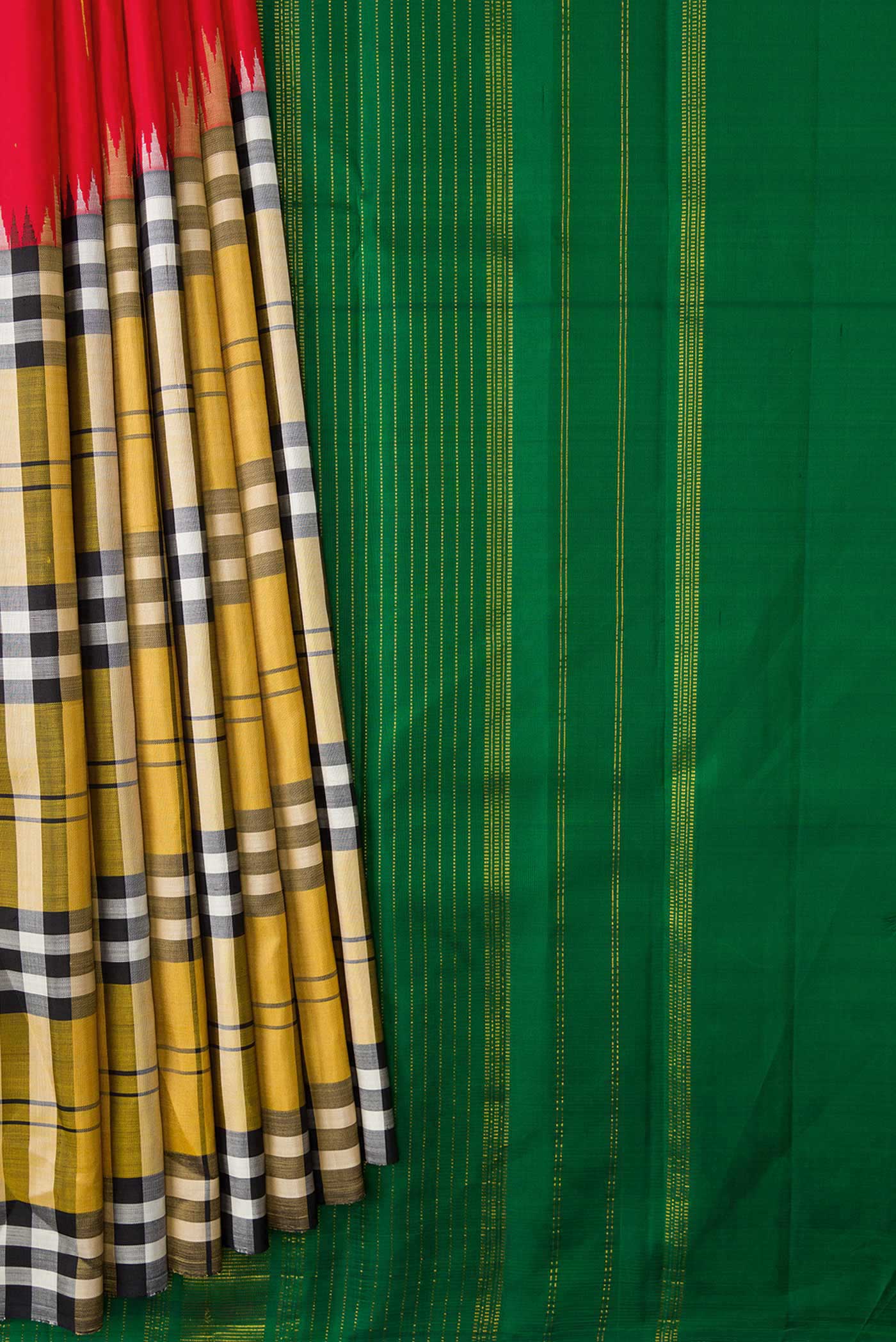 Red and Mustard Color Kanjivaram Silk Saree - Image 3