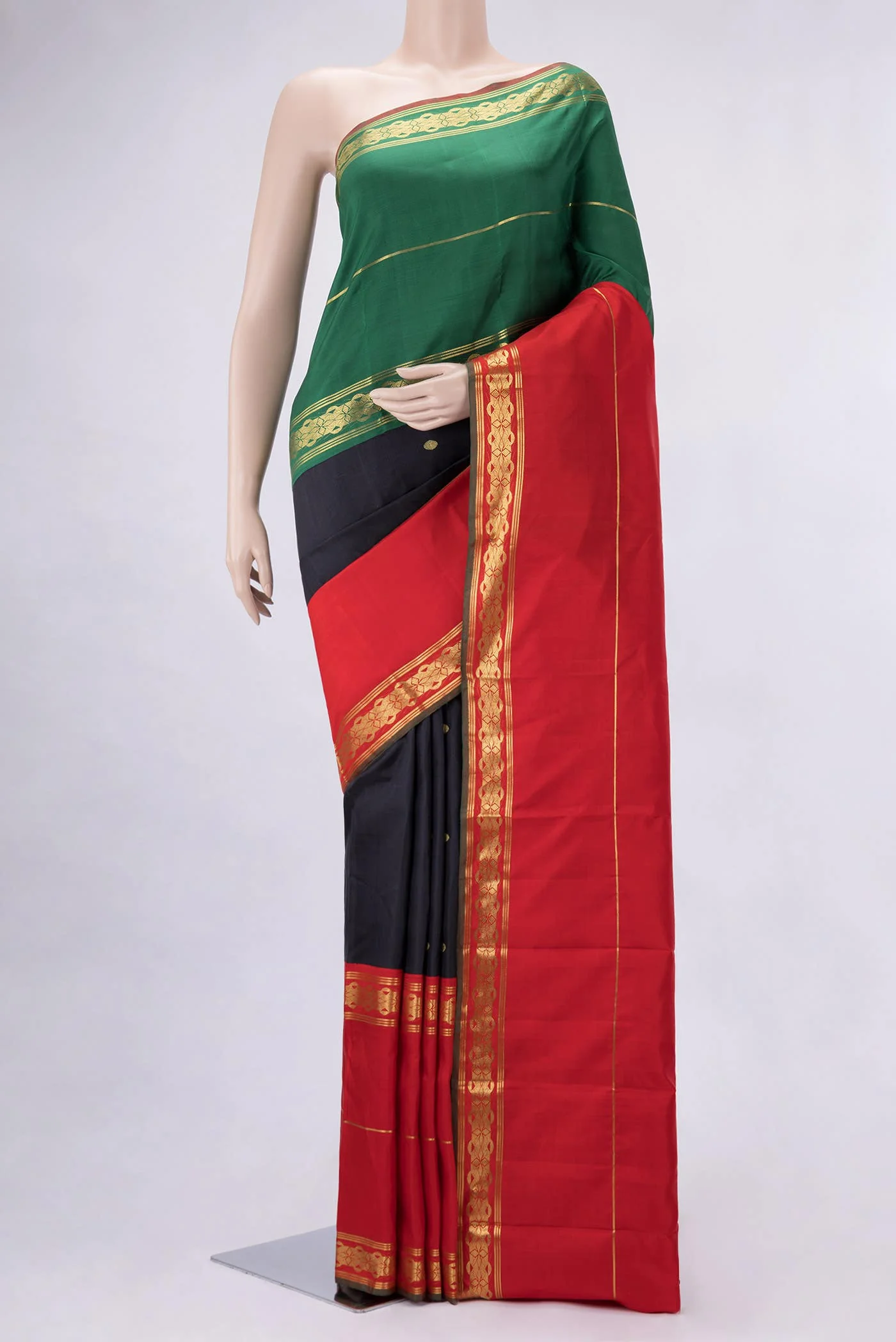 Pure Silk Pure Zari Red, Black and Green Dual Tone Kanjivaram Saree