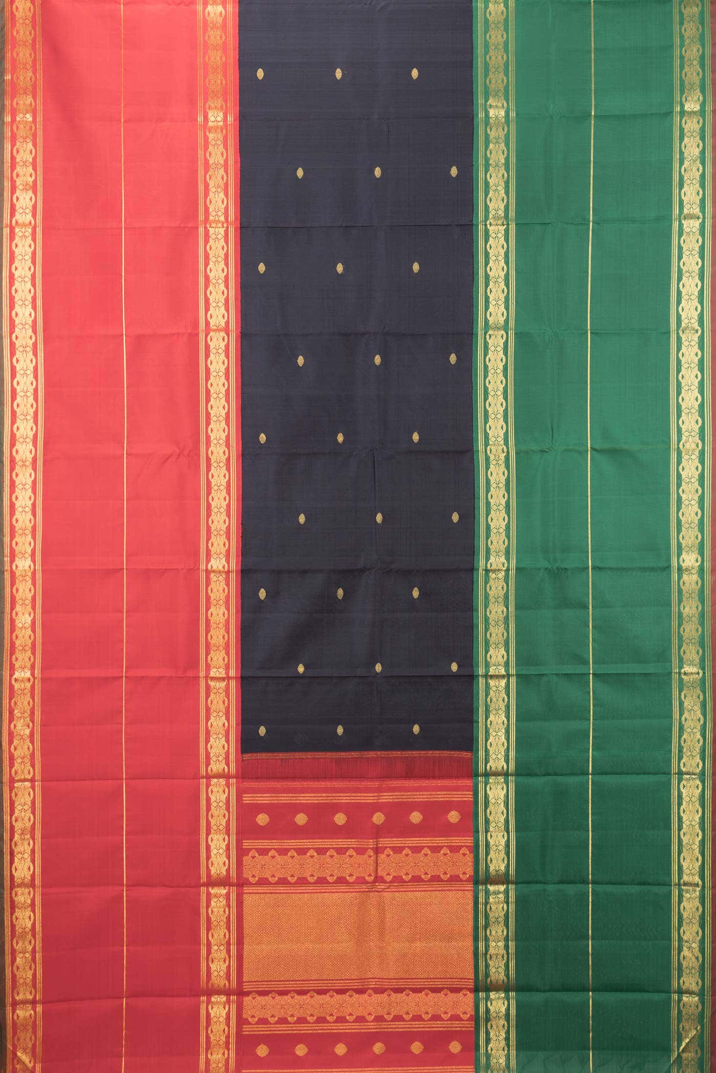 Pure Silk Pure Zari Red, Black and Green Dual Tone Kanjivaram Saree - Image 4