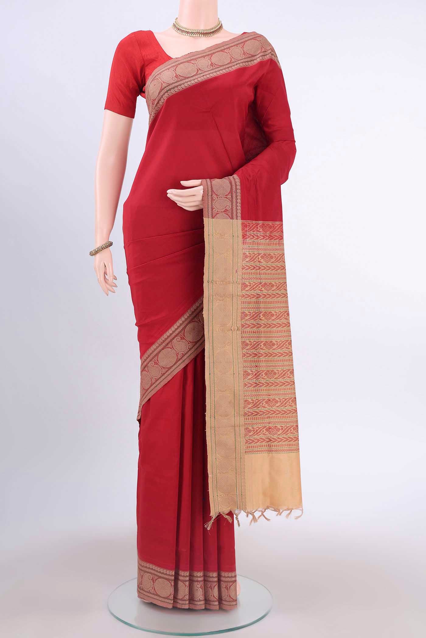 Red Blended Poly Cotton Saree