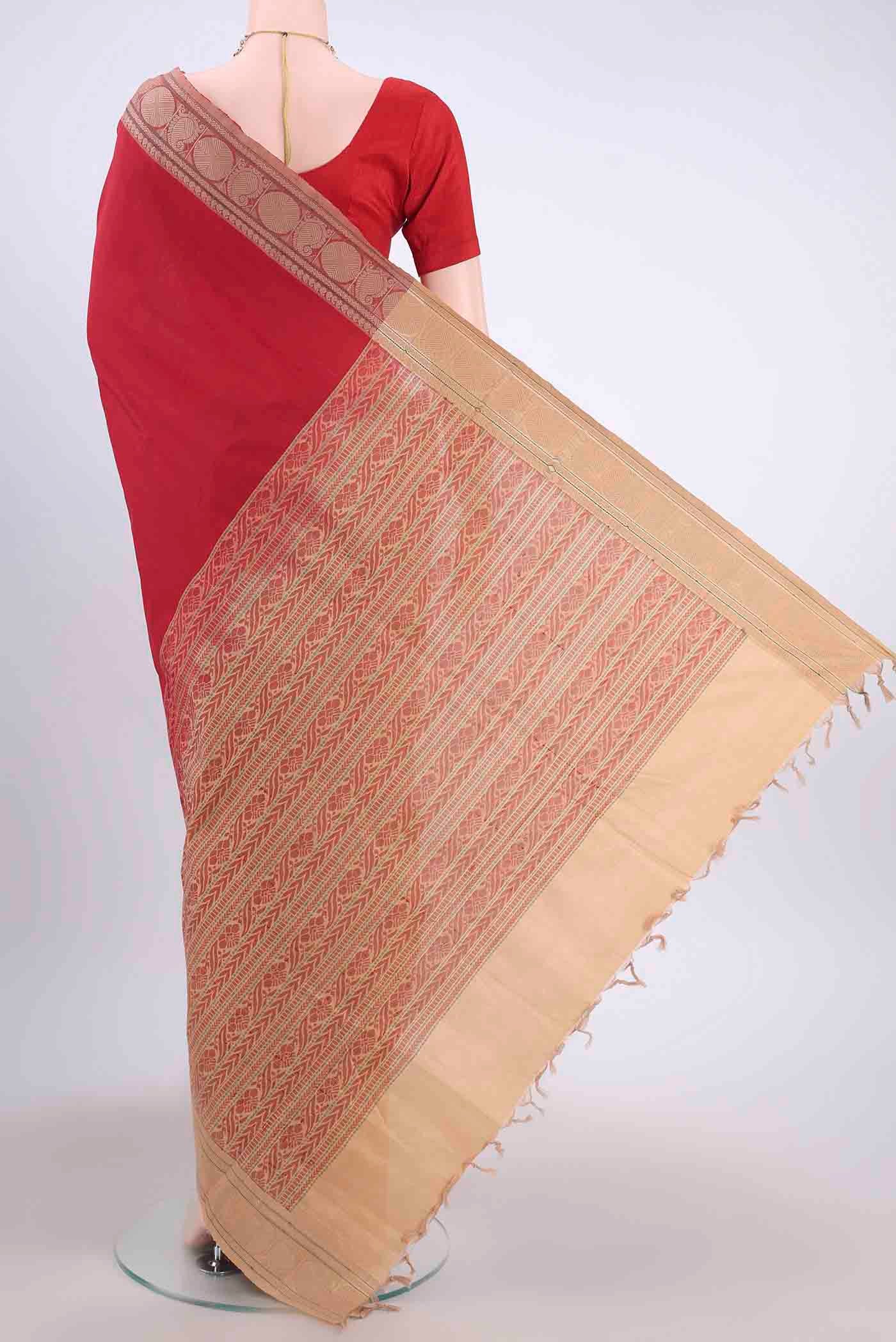 Red Blended Poly Cotton Saree - Image 3