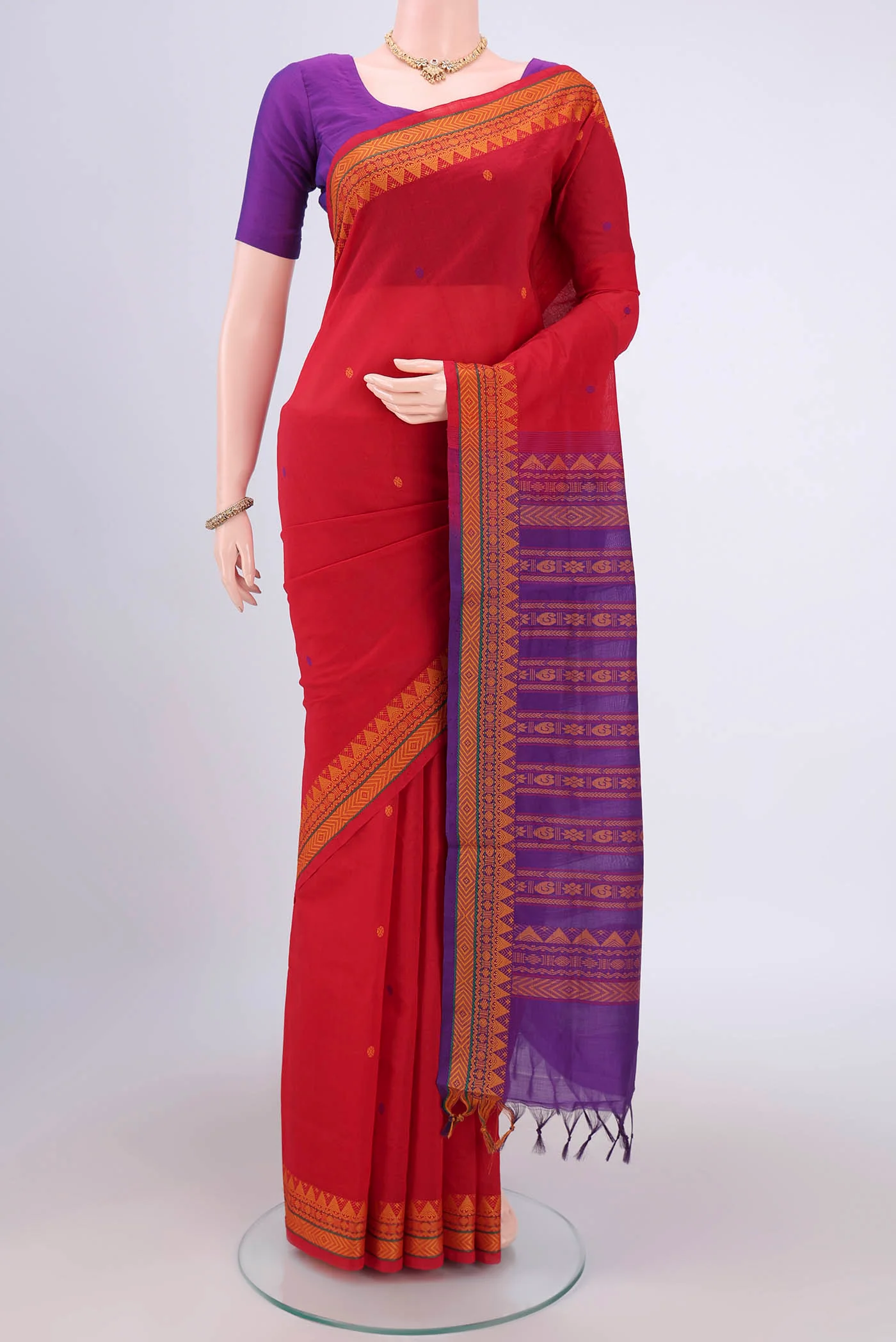 Red Blended Poly Cotton Saree