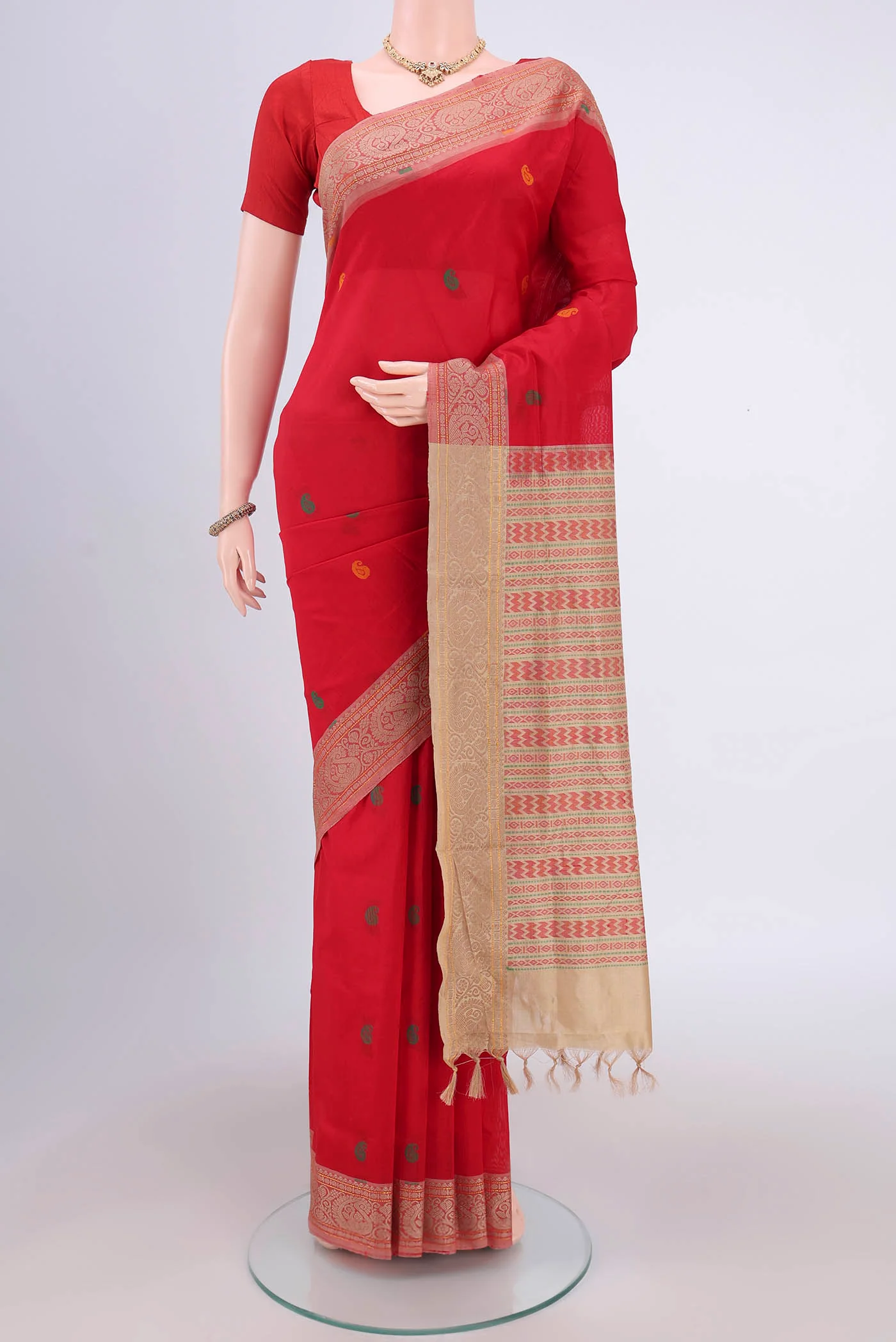 Red Blended Poly Cotton Saree