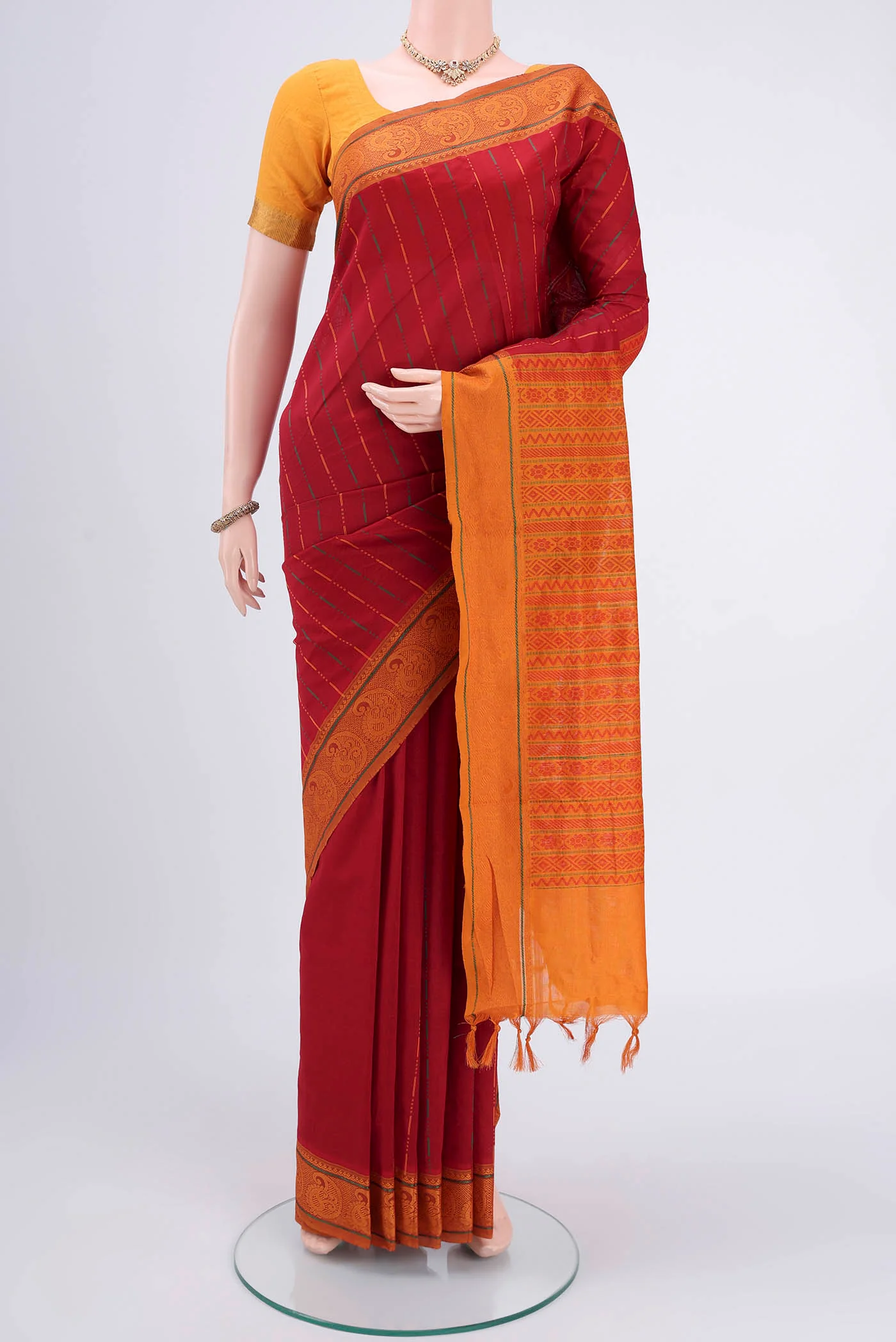 Red Blended Poly Cotton Saree