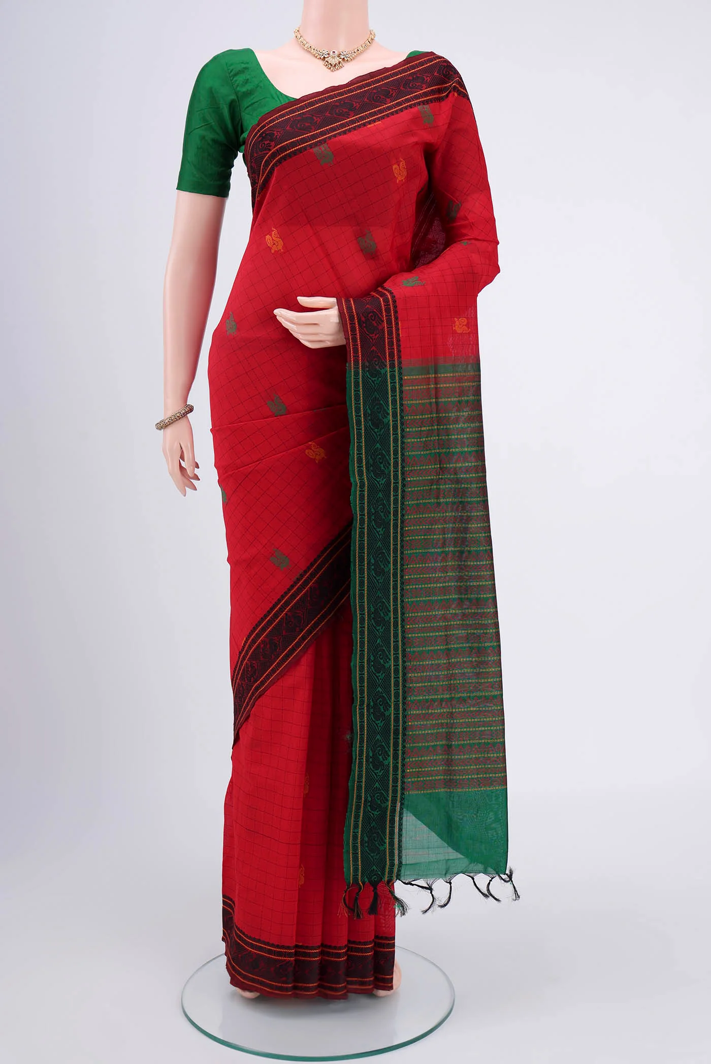 Red Blended Poly Cotton Saree
