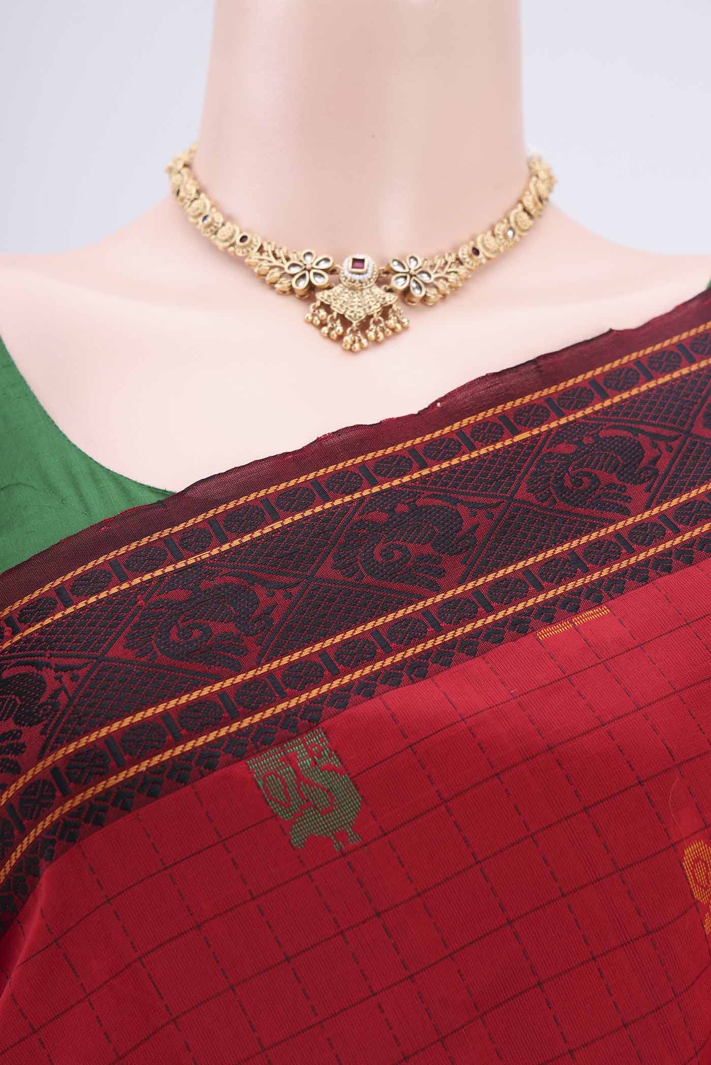 Red Blended Poly Cotton Saree - Image 2