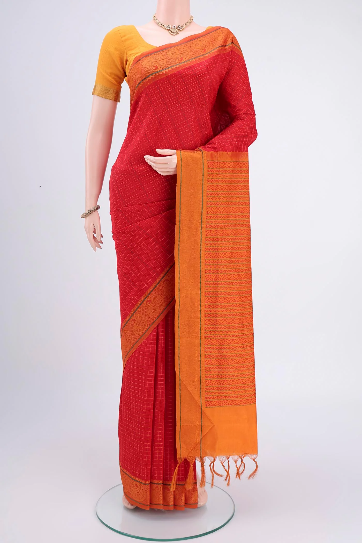 Red Blended Poly Cotton Saree
