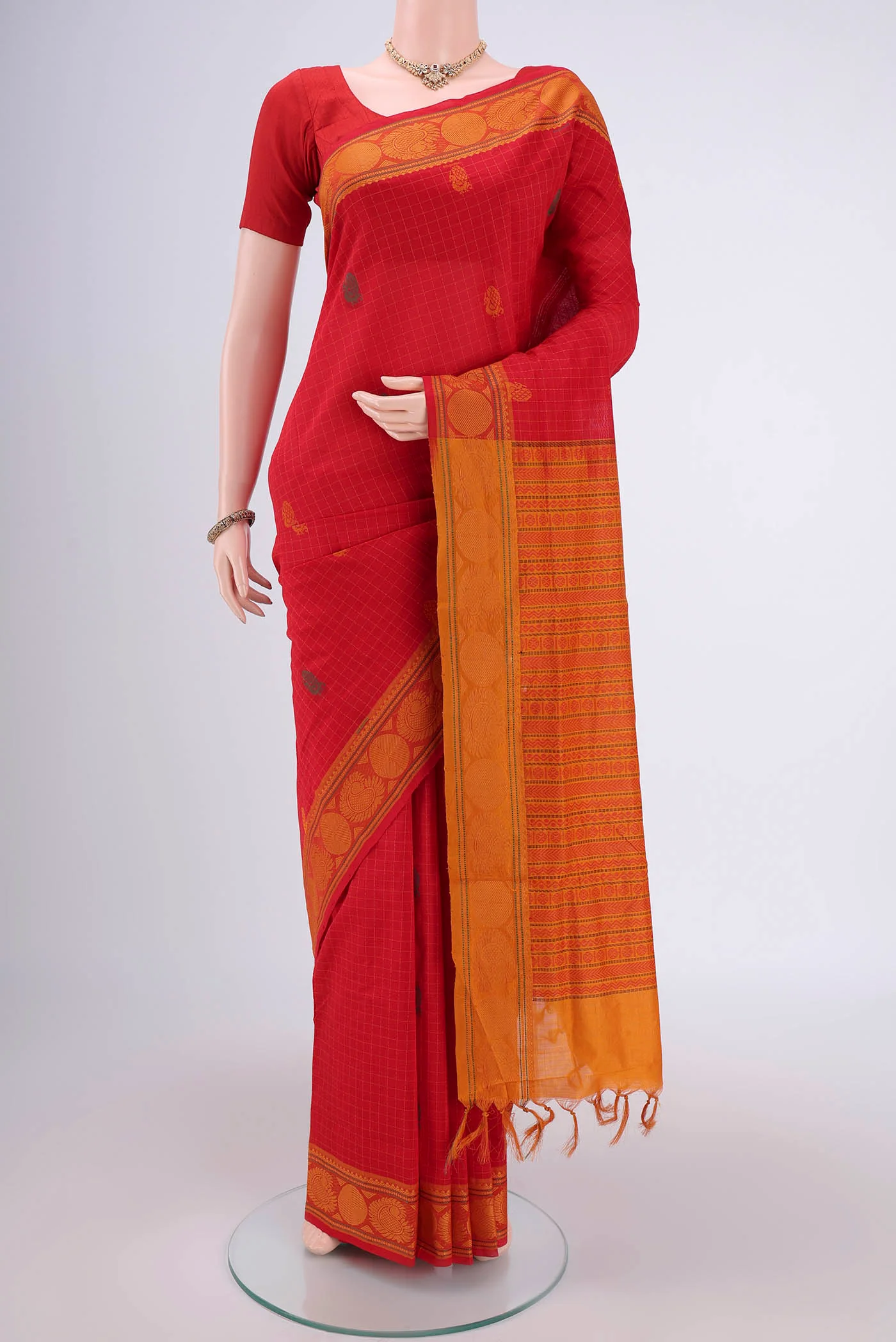 Red Blended Poly Cotton Saree